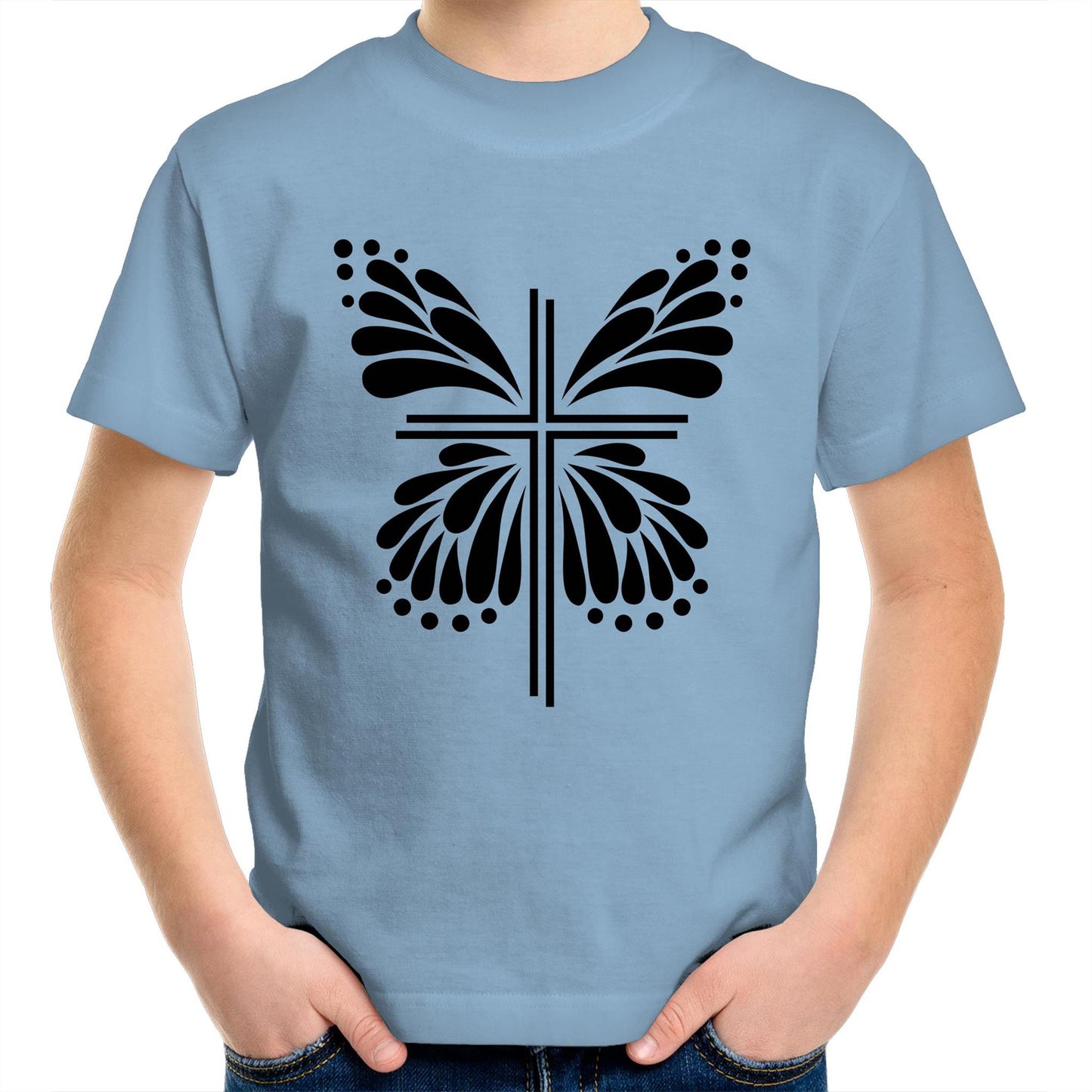 Light Blue T-Shirt with Black graphic. Graphic is of a cross with butterfly wings coming out of it. Inspiration is from the bible; Therefore, if anyone is in Christ, he is a new creation. The old has passed away; behold, the new has come. 2 Corinthians 5:17