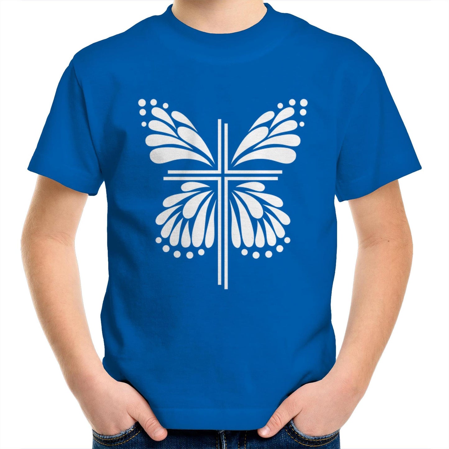 Blue T-Shirt with White graphic. Graphic is of a cross with butterfly wings coming out of it. Inspiration is from the bible; Therefore, if anyone is in Christ, he is a new creation. The old has passed away; behold, the new has come. 2 Corinthians 5:17