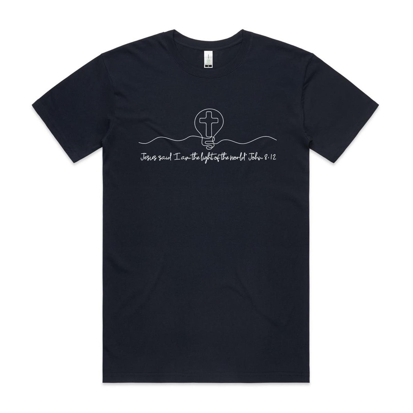 Christianitee original design. Christian T-Shirt in Navy Blue with White text and graphic design. Text says "Jesus said I am the light of the world. John 8:12. The Graphic is a simple one line drawing of light globe with a cross inside.