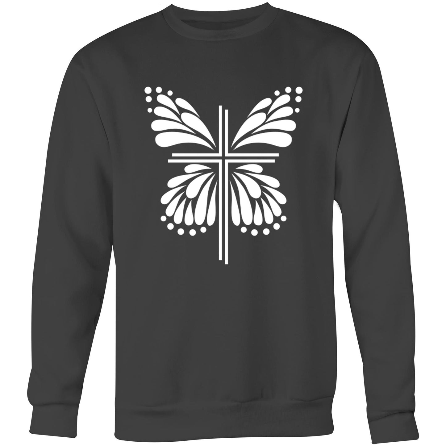 Grey Jumper / Sweatshirt with White graphic. Graphic is of a cross with butterfly wings coming out of it. Inspiration is from the bible; Therefore, if anyone is in Christ, he is a new creation. The old has passed away; behold, the new has come. 2 Corinthians 5:17