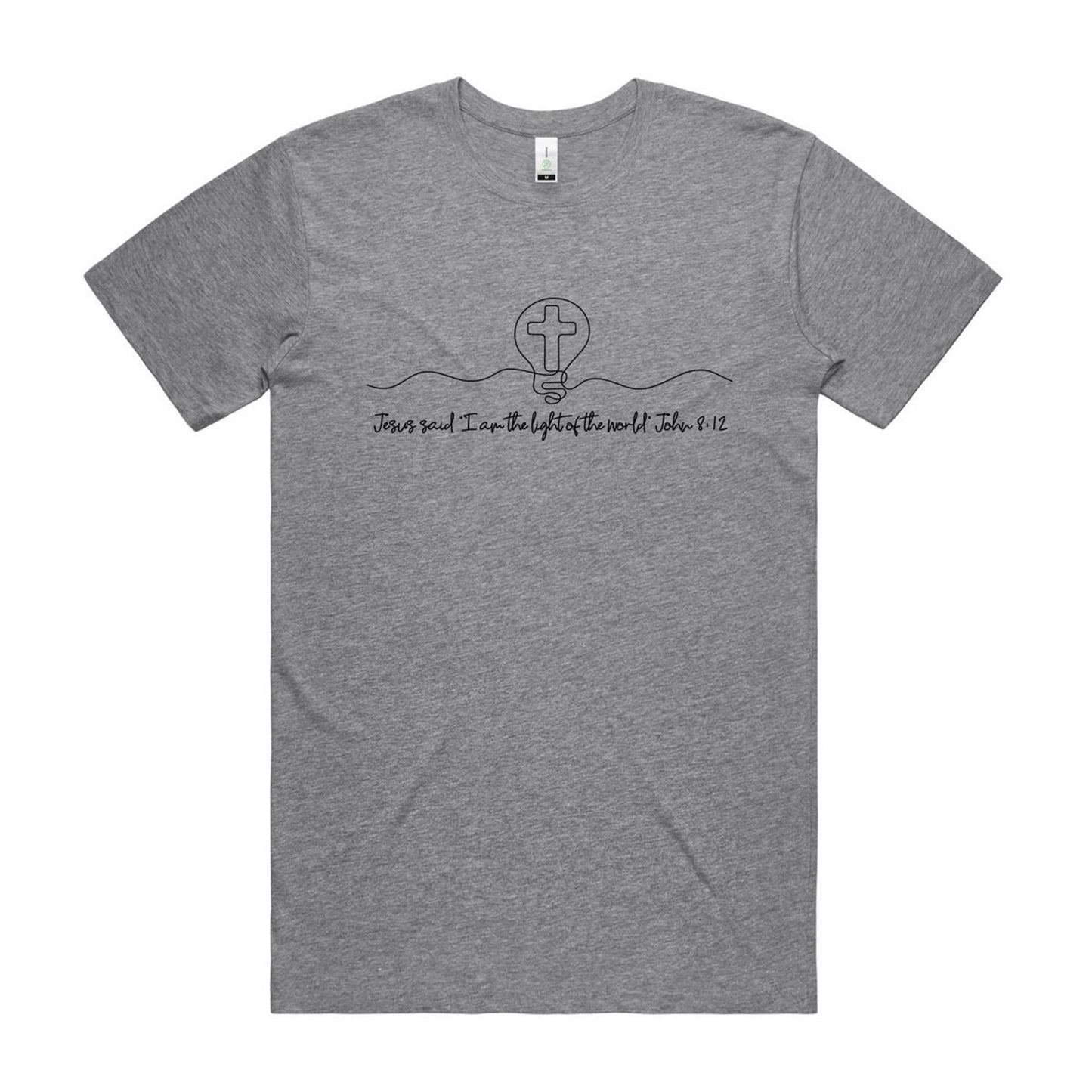 Christianitee original design. Christian T-Shirt in Grey with black text and graphic design. Text says "Jesus said I am the light of the world. John 8:12. The Graphic is a simple one line drawing of light globe with a cross inside.