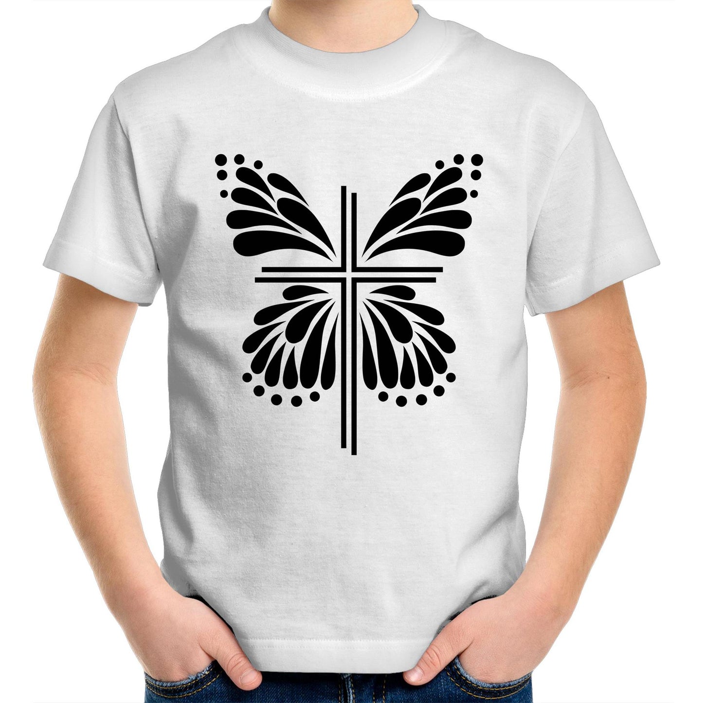White T-shirt with Black graphic. Graphic is of a cross with butterfly wings coming out of it. Inspiration is from the bible; Therefore, if anyone is in Christ, he is a new creation. The old has passed away; behold, the new has come. 2 Corinthians 5:17
