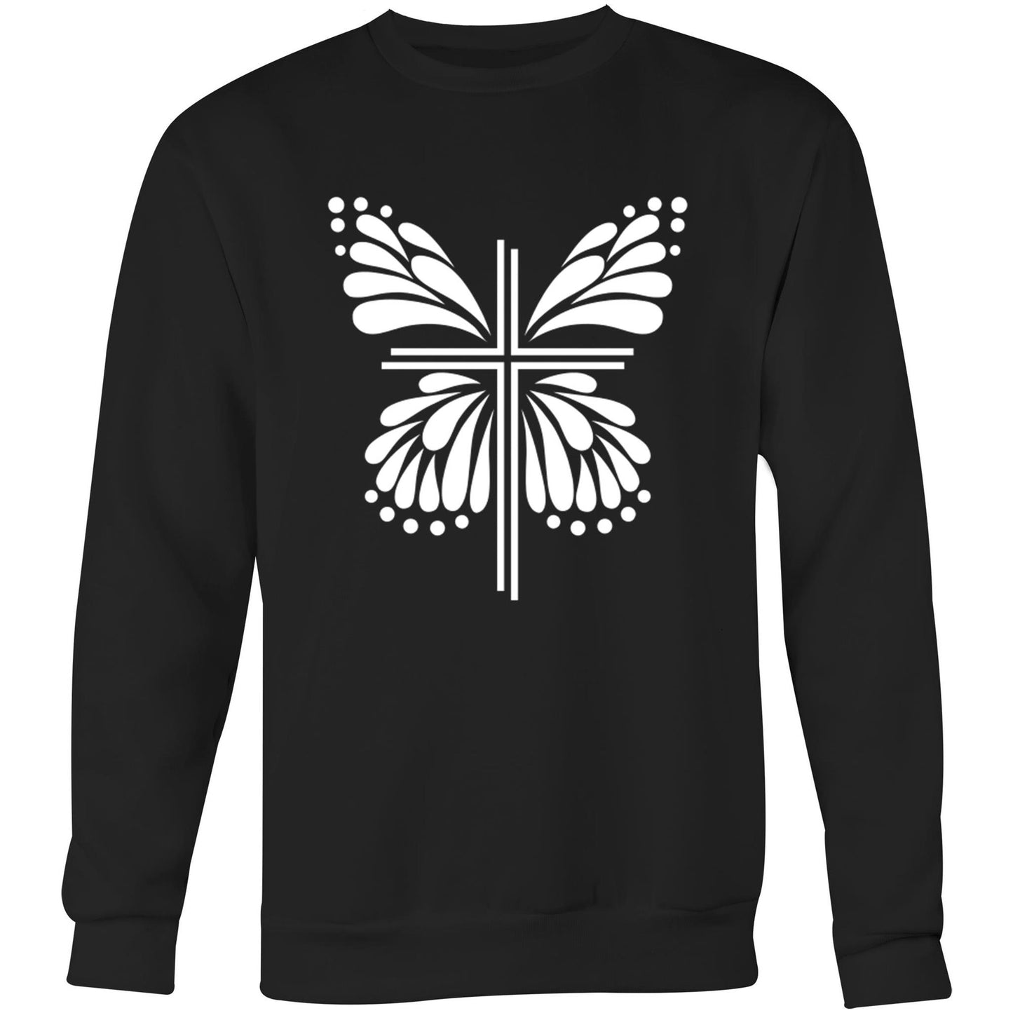 Black Jumper / Sweatshirt with White graphic. Graphic is of a cross with butterfly wings coming out of it. Inspiration is from the bible; Therefore, if anyone is in Christ, he is a new creation. The old has passed away; behold, the new has come. 2 Corinthians 5:17