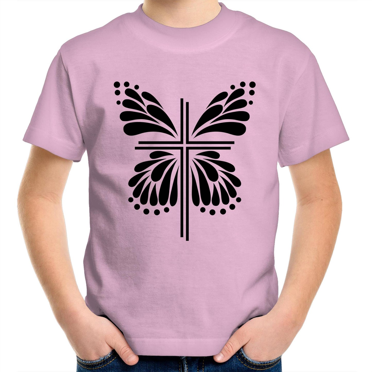 Pink T-Shirt with Black graphic. Graphic is of a cross with butterfly wings coming out of it. Inspiration is from the bible; Therefore, if anyone is in Christ, he is a new creation. The old has passed away; behold, the new has come. 2 Corinthians 5:17