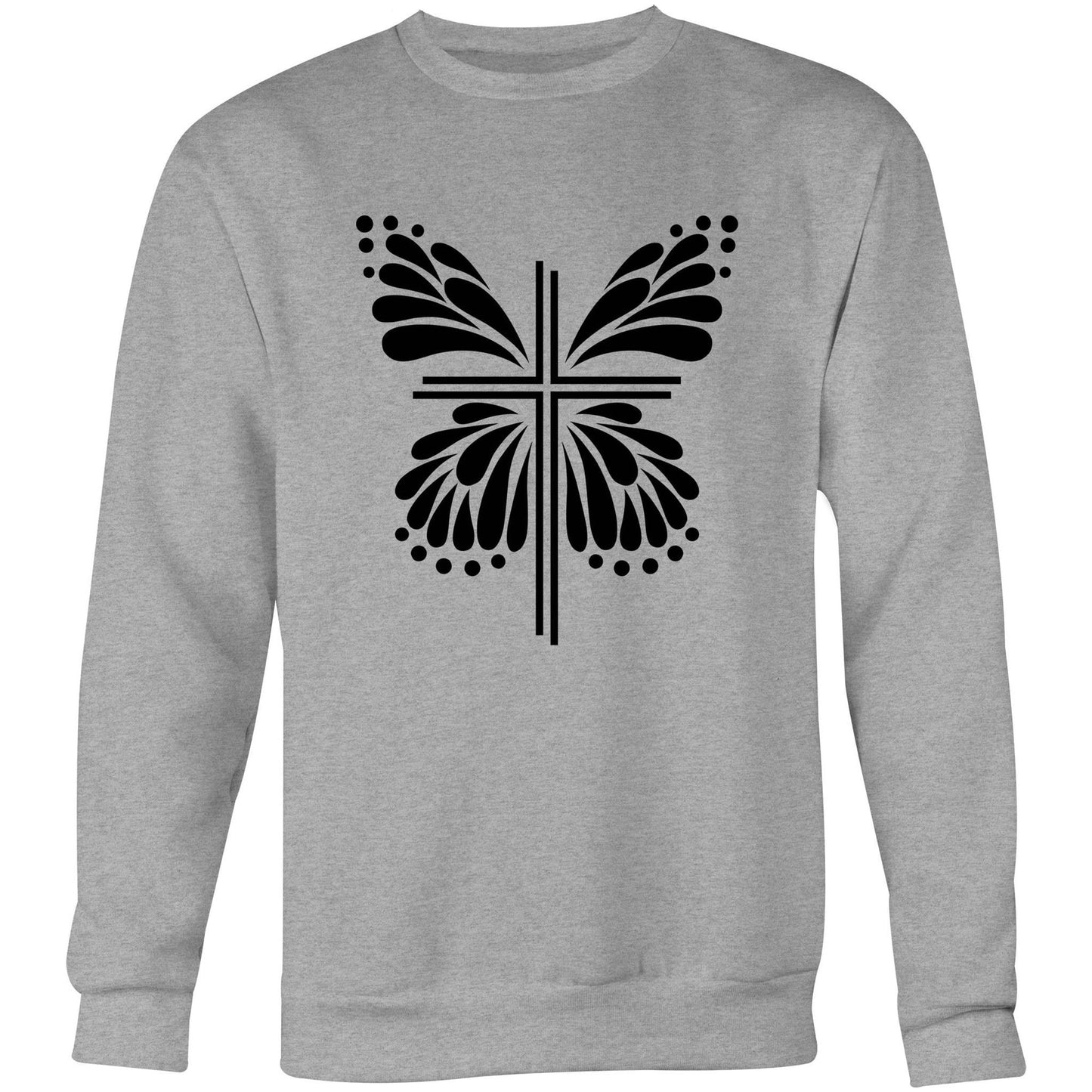 Light Grey / Gray Jumper / Sweatshirt with Black graphic. Graphic is of a cross with butterfly wings coming out of it. Inspiration is from the bible; Therefore, if anyone is in Christ, he is a new creation. The old has passed away; behold, the new has come. 2 Corinthians 5:17