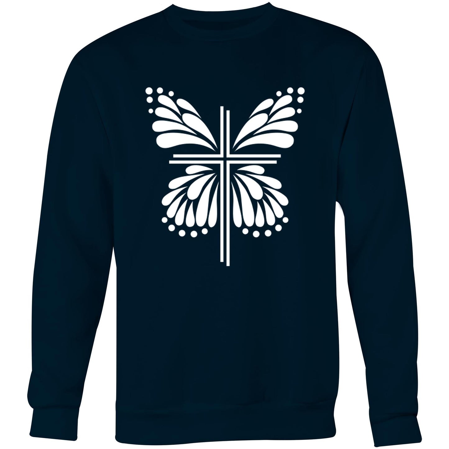 Navy Blue Jumper / Sweatshirt with White graphic. Graphic is of a cross with butterfly wings coming out of it. Inspiration is from the bible; Therefore, if anyone is in Christ, he is a new creation. The old has passed away; behold, the new has come. 2 Corinthians 5:17