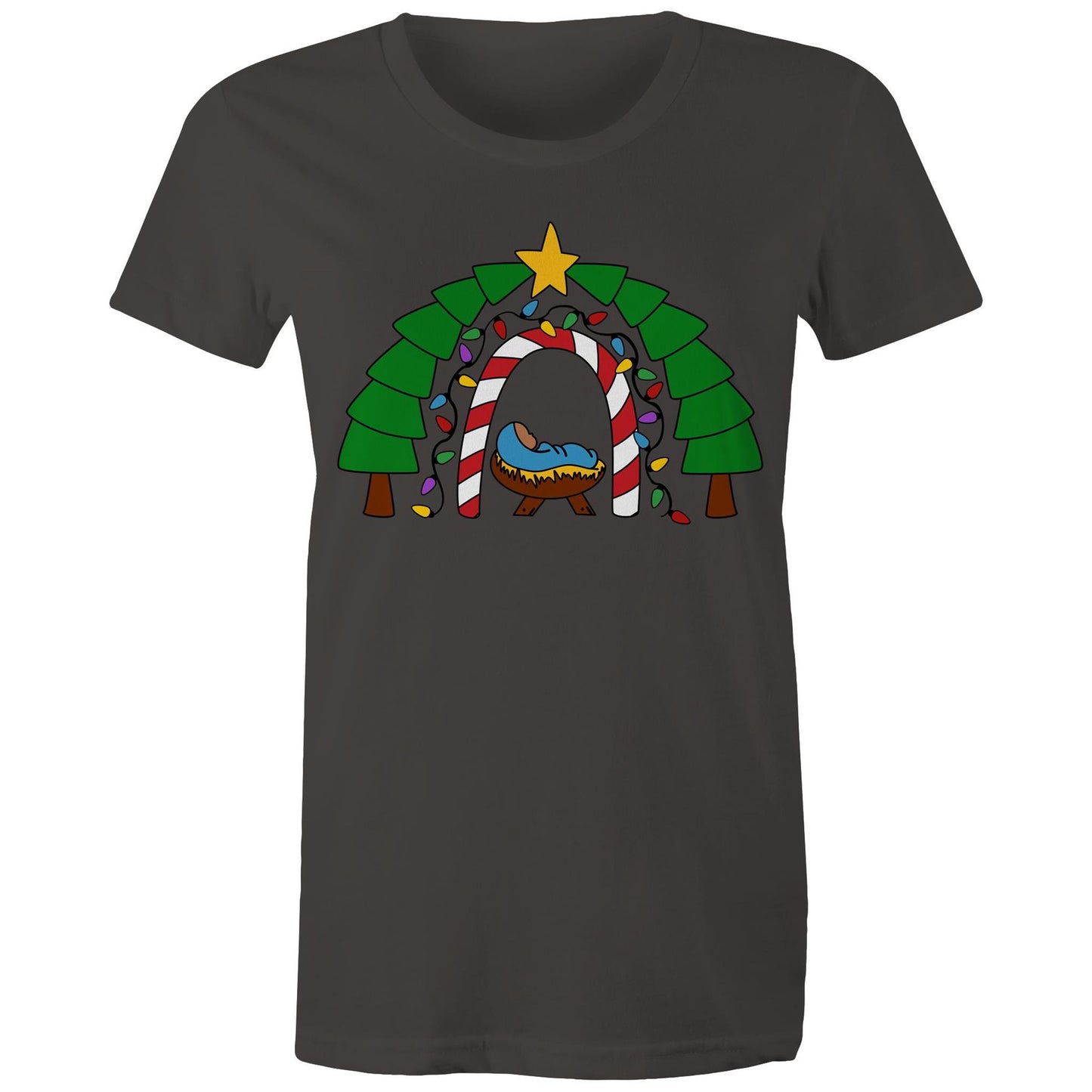 Women's Christian Charcoal T-shirt by Christianitee featuring a cosy nativity scene with baby Jesus in a manger, framed by a candy cane and Christmas light arch, evergreen trees, and a star. A festive design celebrating the joy and meaning of Christmas.
