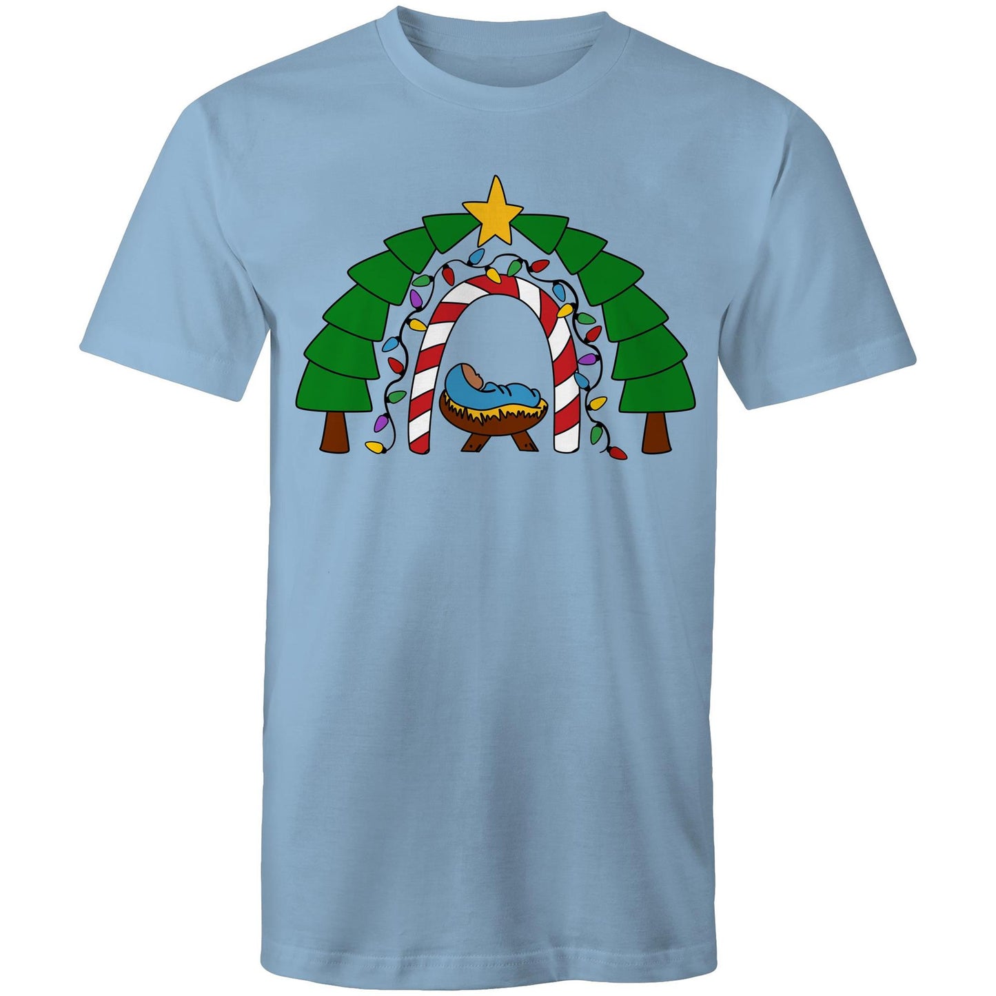 Men's Caroline Blue Christian T-shirt with a cosy nativity scene featuring baby Jesus in a manger, framed by a candy cane and Christmas light arch, evergreen trees, and a star on top. A festive design by Christianitee celebrating the joy and meaning of Christmas.