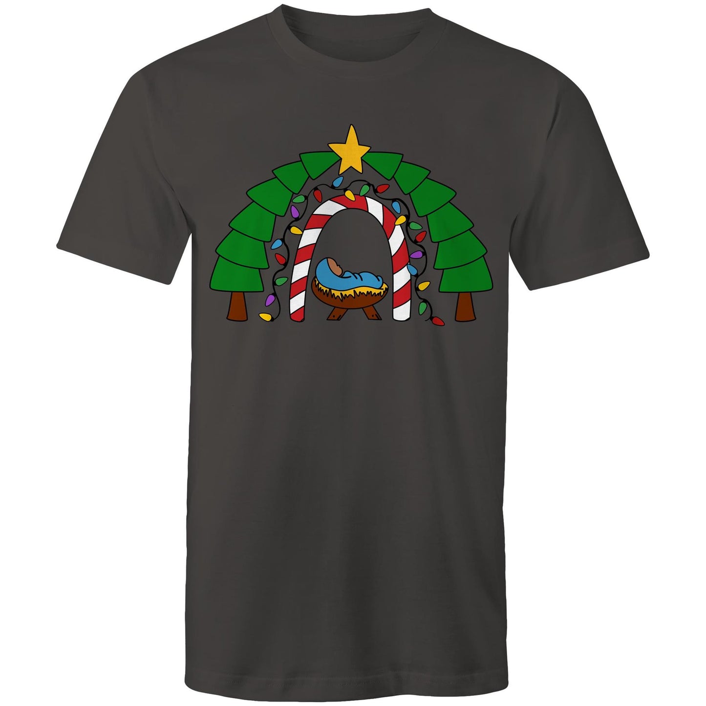 Men's Charcoal Christian T-shirt with a cosy nativity scene featuring baby Jesus in a manger, framed by a candy cane and Christmas light arch, evergreen trees, and a star on top. A festive design by Christianitee celebrating the joy and meaning of Christmas.