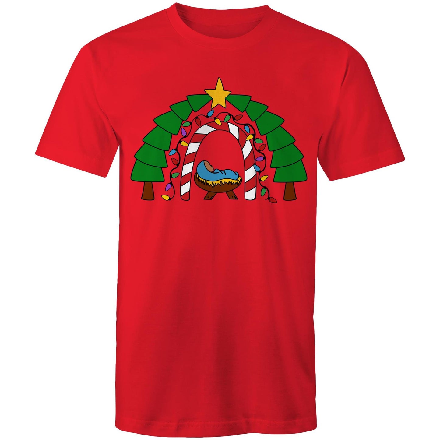 Men's Red Christian T-shirt with a cosy nativity scene featuring baby Jesus in a manger, framed by a candy cane and Christmas light arch, evergreen trees, and a star on top. A festive design by Christianitee celebrating the joy and meaning of Christmas.