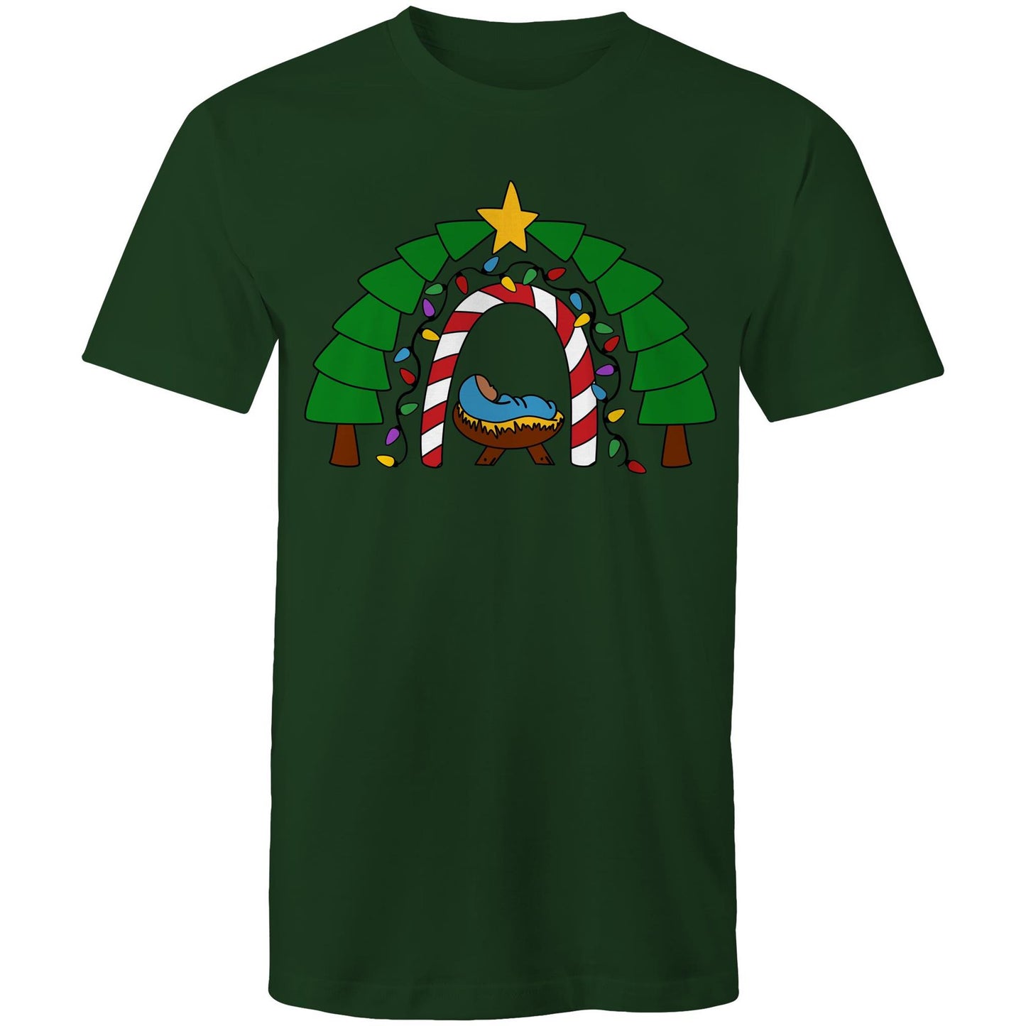 Men's Green Christian T-shirt with a cosy nativity scene featuring baby Jesus in a manger, framed by a candy cane and Christmas light arch, evergreen trees, and a star on top. A festive design by Christianitee celebrating the joy and meaning of Christmas.