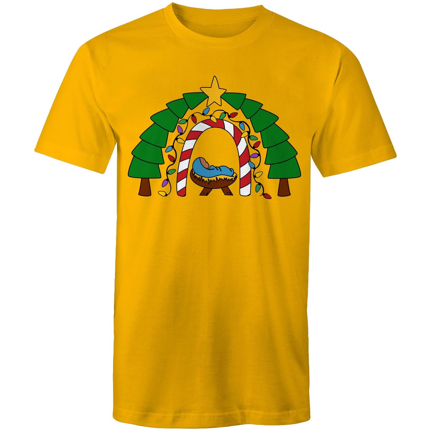 Men's Gold Christian T-shirt with a cosy nativity scene featuring baby Jesus in a manger, framed by a candy cane and Christmas light arch, evergreen trees, and a star on top. A festive design by Christianitee celebrating the joy and meaning of Christmas.