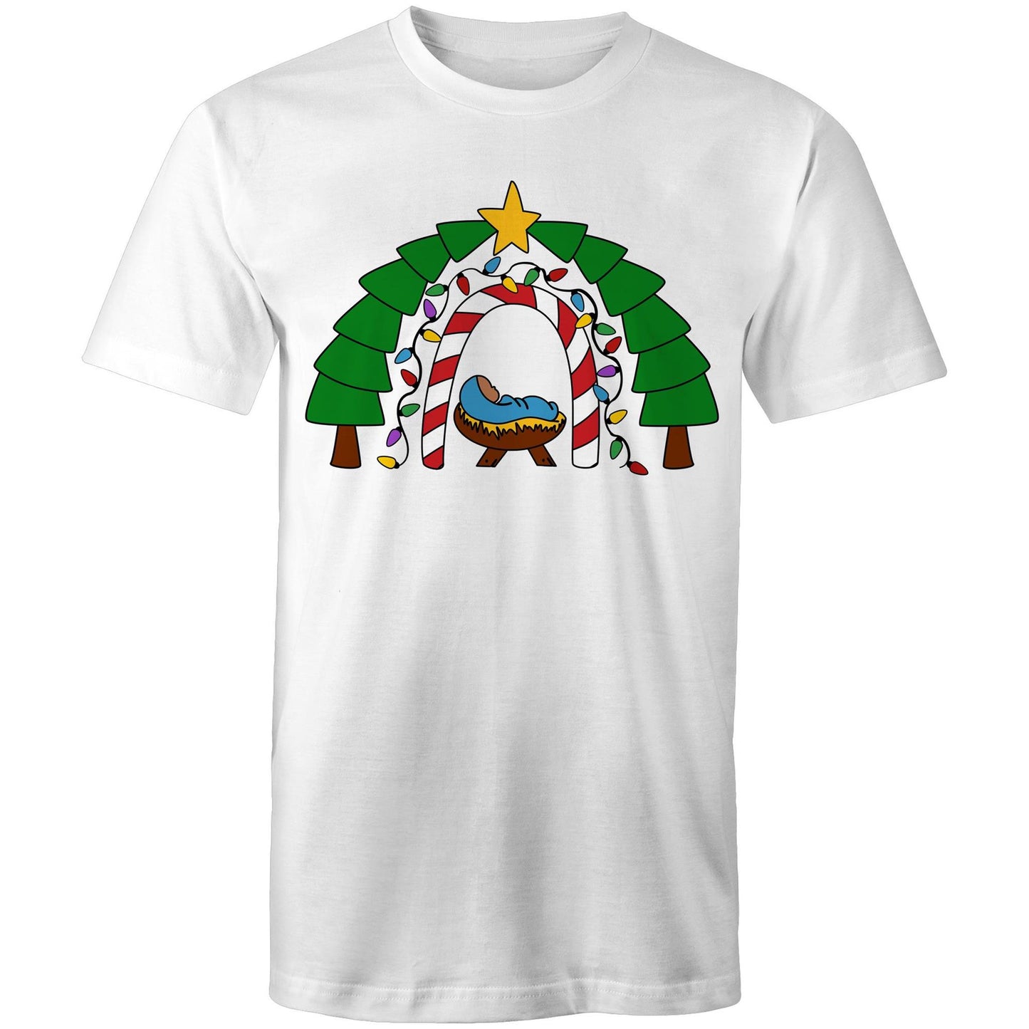 White T-Shirt with a baby Jesus in the manger in the centre. A candycane archway around, followed by a Christmas light arch, and framed by two evergreen trees and topped with a star, it reminds us of God’s gift of everlasting life and the guiding light that led the wise men to the Saviour.