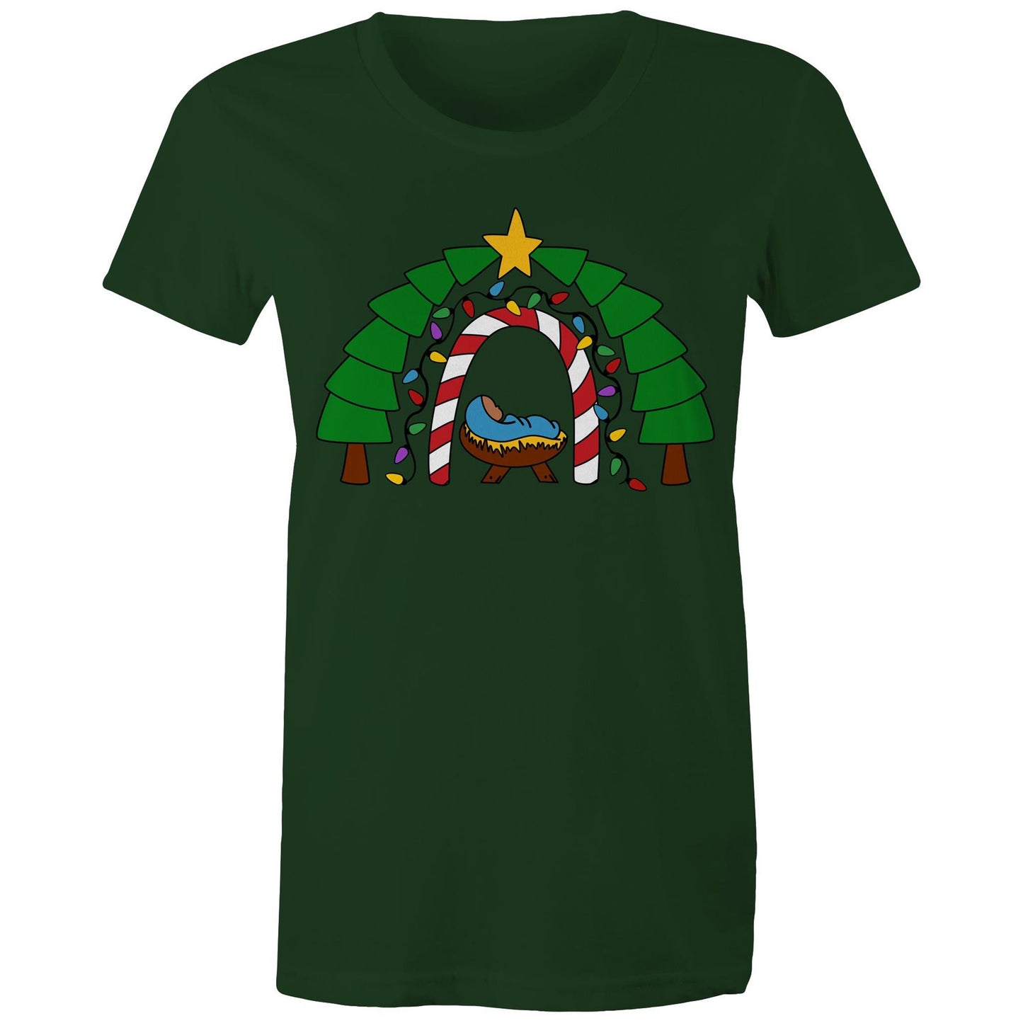 Women's Christian Green T-shirt by Christianitee featuring a cosy nativity scene with baby Jesus in a manger, framed by a candy cane and Christmas light arch, evergreen trees, and a star. A festive design celebrating the joy and meaning of Christmas.