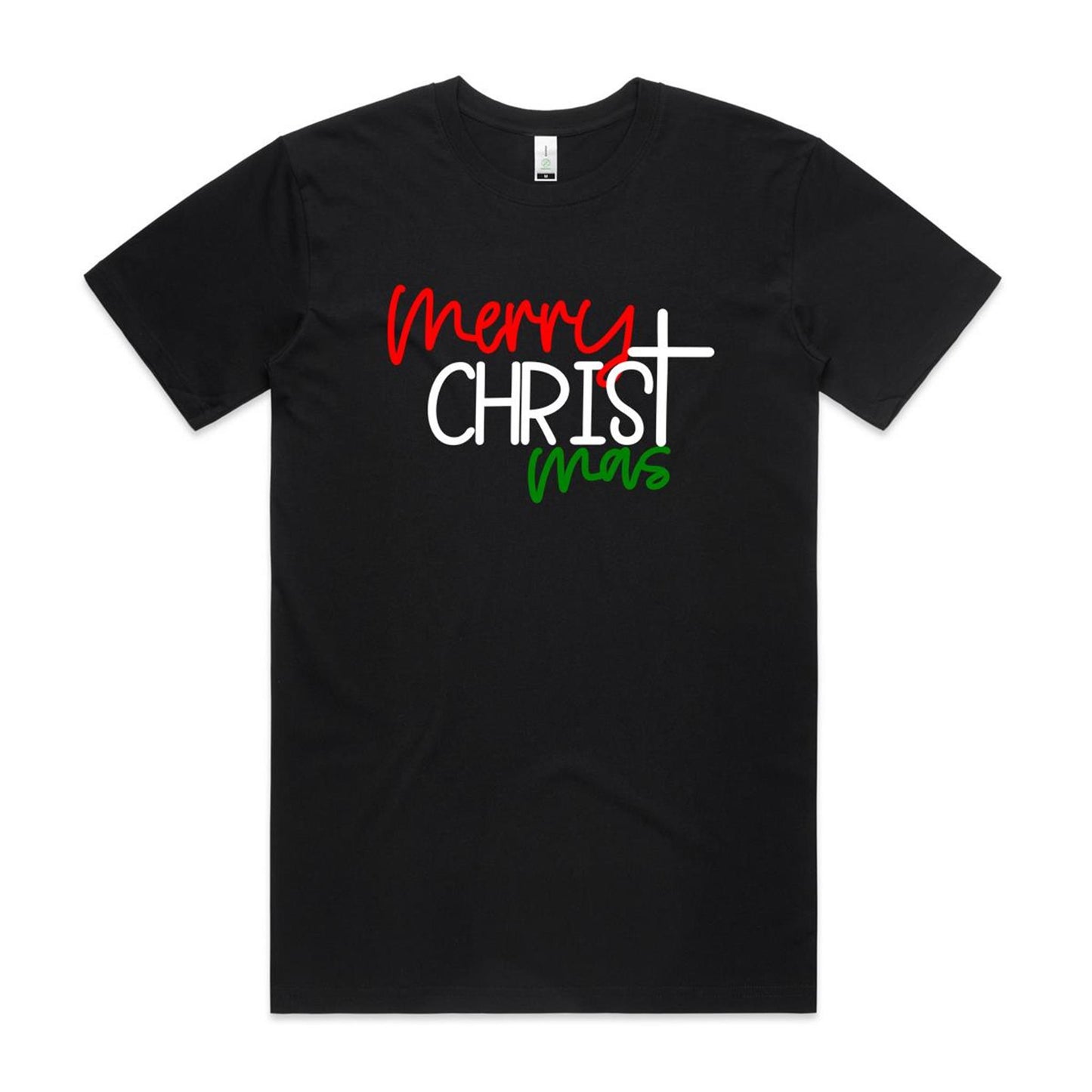 Christ focused Merry Christmas T-Shirt for Men by Christianitee. The Tee itself is Black, the word Merry is in red, Christ is emphasised and in white with a cross as the letter T, and the mas is in green.