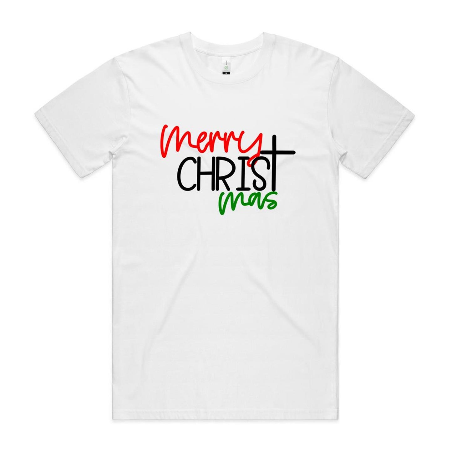 Christ focused Merry Christmas T-Shirt for Men by Christianitee. The Tee itself is white, the word Merry is in red, Christ is emphasised and in black with a cross as the letter T, and the mas is in green.