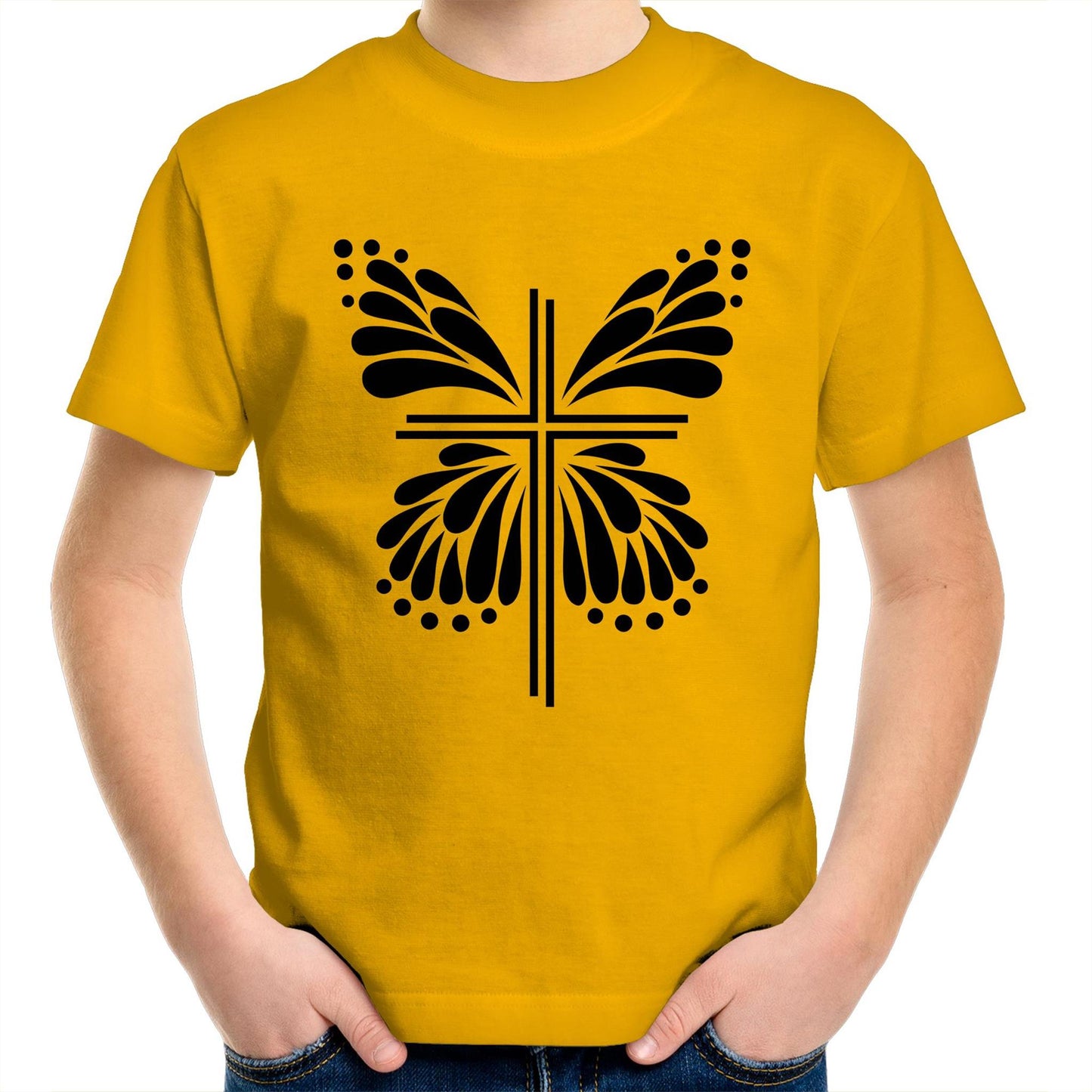 Yellow T-Shirt with Black graphic. Graphic is of a cross with butterfly wings coming out of it. Inspiration is from the bible; Therefore, if anyone is in Christ, he is a new creation. The old has passed away; behold, the new has come. 2 Corinthians 5:17