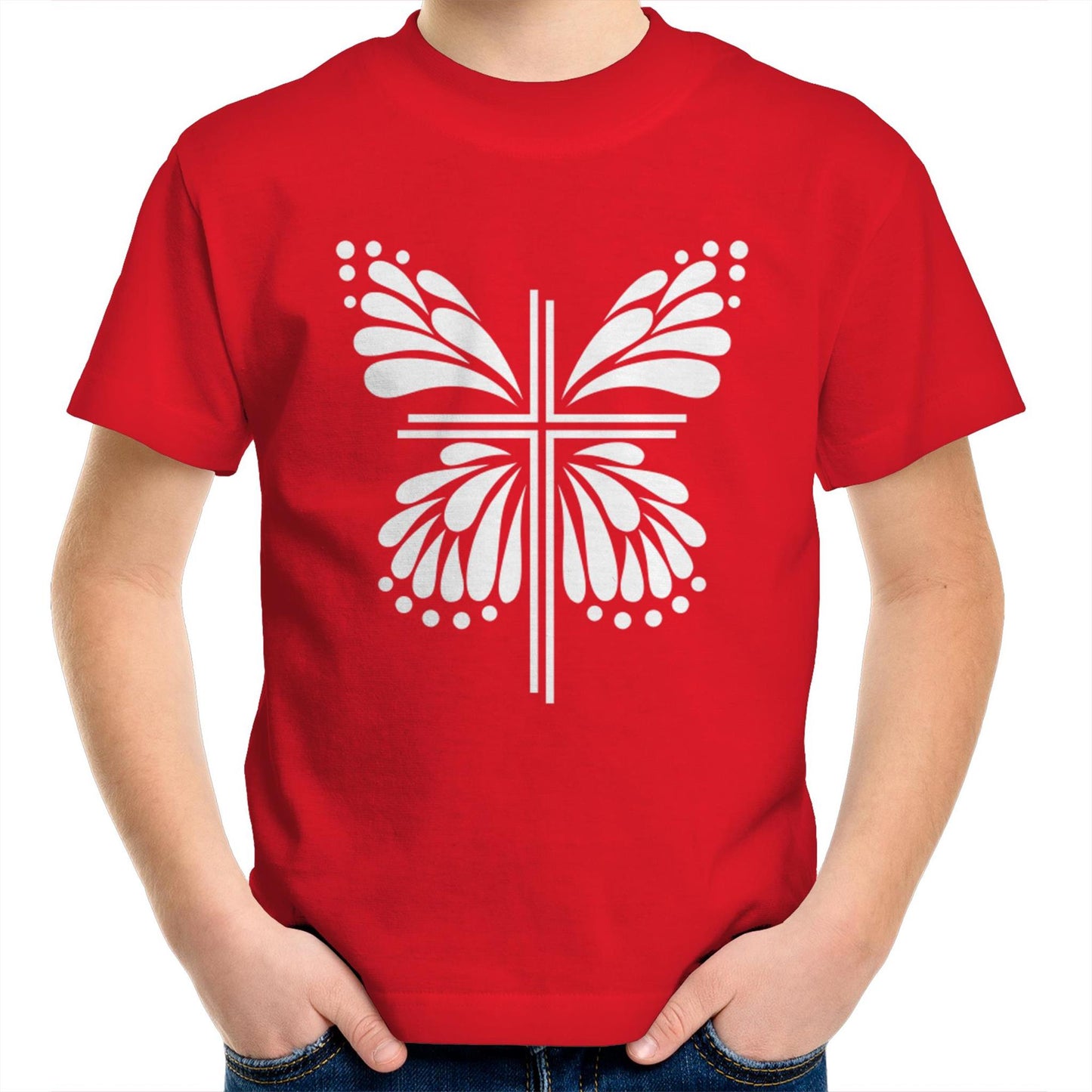 Red T-Shirt with White graphic. Graphic is of a cross with butterfly wings coming out of it. Inspiration is from the bible; Therefore, if anyone is in Christ, he is a new creation. The old has passed away; behold, the new has come. 2 Corinthians 5:17