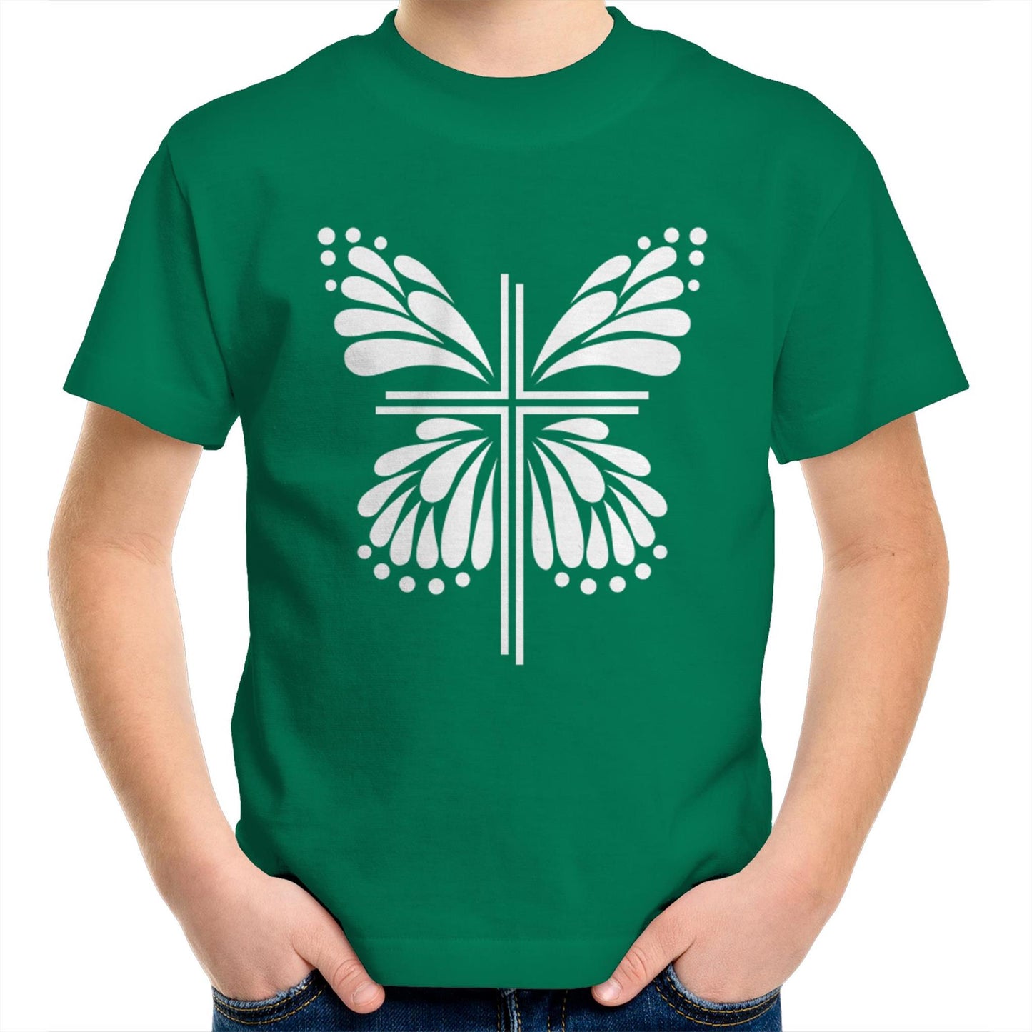 Green T-Shirt with White graphic. Graphic is of a cross with butterfly wings coming out of it. Inspiration is from the bible; Therefore, if anyone is in Christ, he is a new creation. The old has passed away; behold, the new has come. 2 Corinthians 5:17