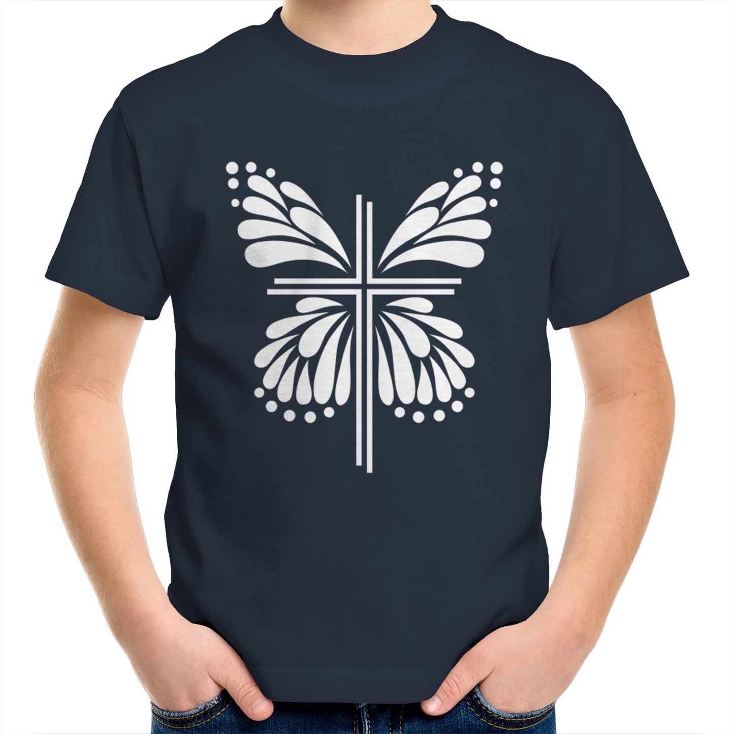 Navy Blue T-Shirt with White graphic. Graphic is of a cross with butterfly wings coming out of it. Inspiration is from the bible; Therefore, if anyone is in Christ, he is a new creation. The old has passed away; behold, the new has come. 2 Corinthians 5:17