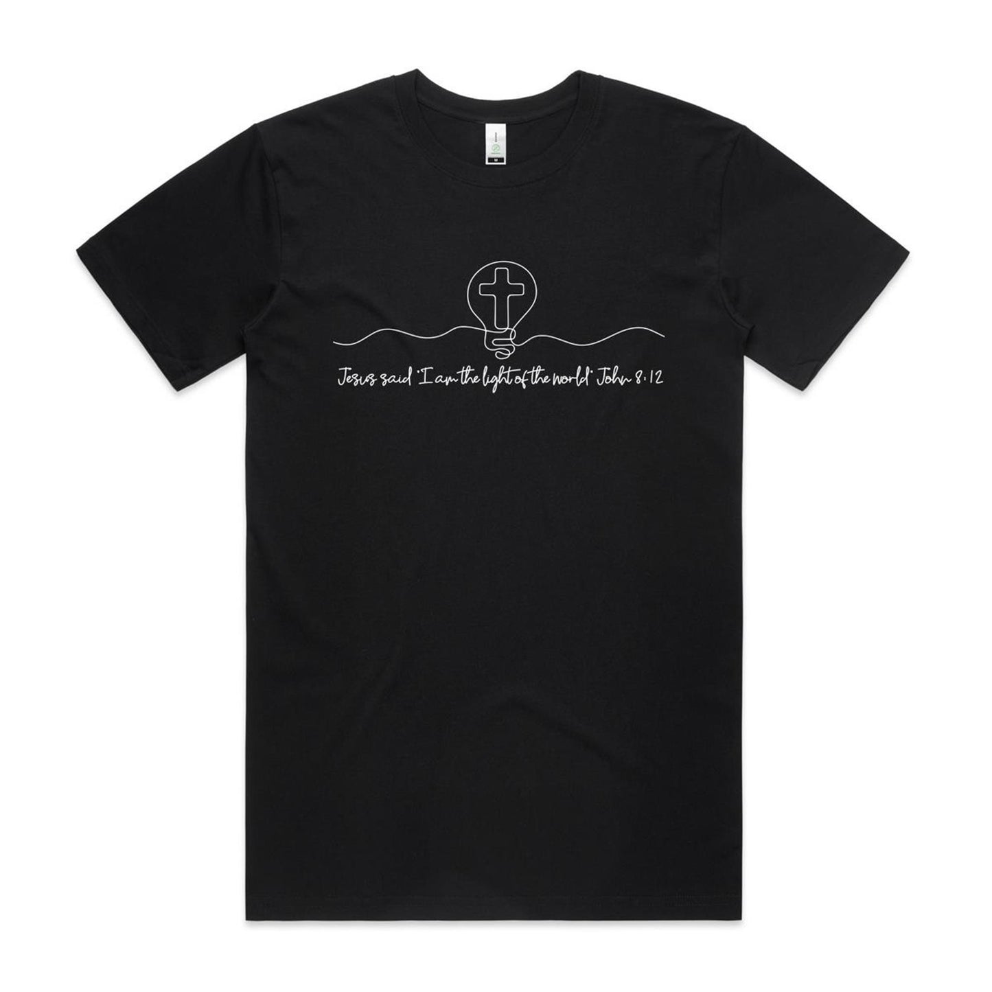 Christianitee original design. Christian T-Shirt in Black with white text and graphic design. Text says "Jesus said I am the light of the world. John 8:12. The Graphic is a simple one line drawing of light globe with a cross inside.