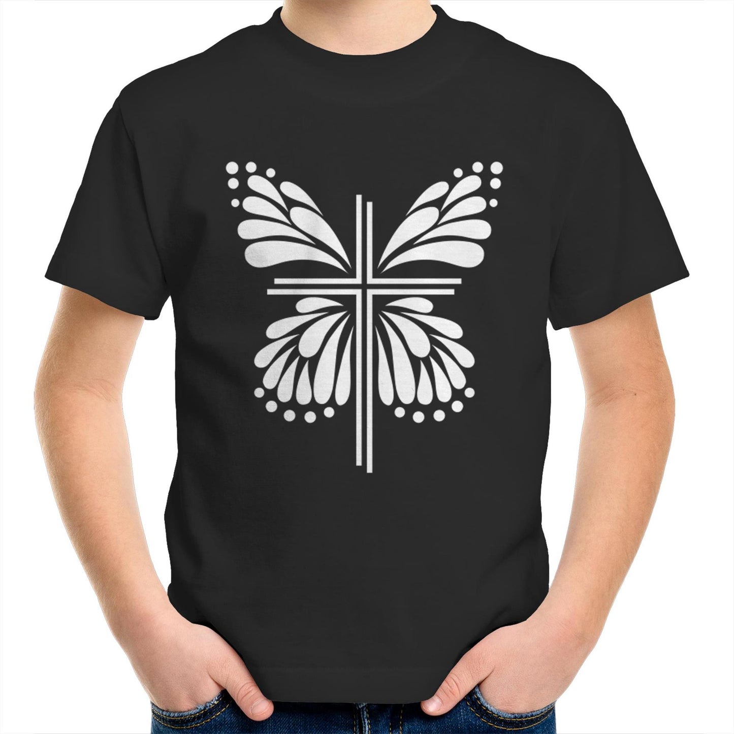 Dark T-Shirt with White graphic. Graphic is of a cross with butterfly wings coming out of it. Inspiration is from the bible; Therefore, if anyone is in Christ, he is a new creation. The old has passed away; behold, the new has come. 2 Corinthians 5:17