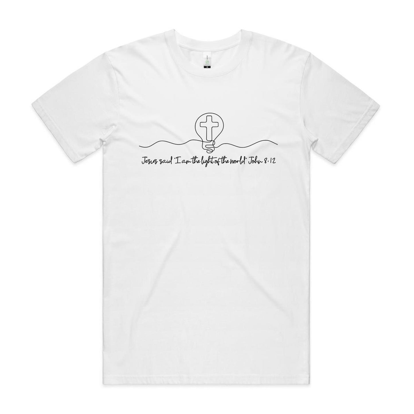 Christianitee original design. Christian T-Shirt in White with black text and graphic design. Text says "Jesus said I am the light of the world. John 8:12. The Graphic is a simple one line drawing of light globe with a cross inside.