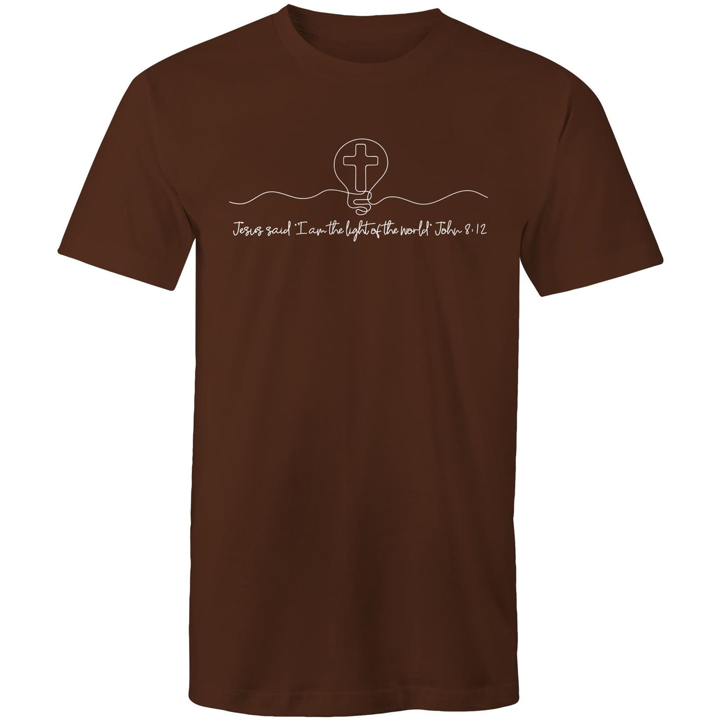 Christianitee original design. Christian T-Shirt in Brown with White text and graphic design. Text says "Jesus said I am the light of the world. John 8:12. The Graphic is a simple one line drawing of light globe with a cross inside.