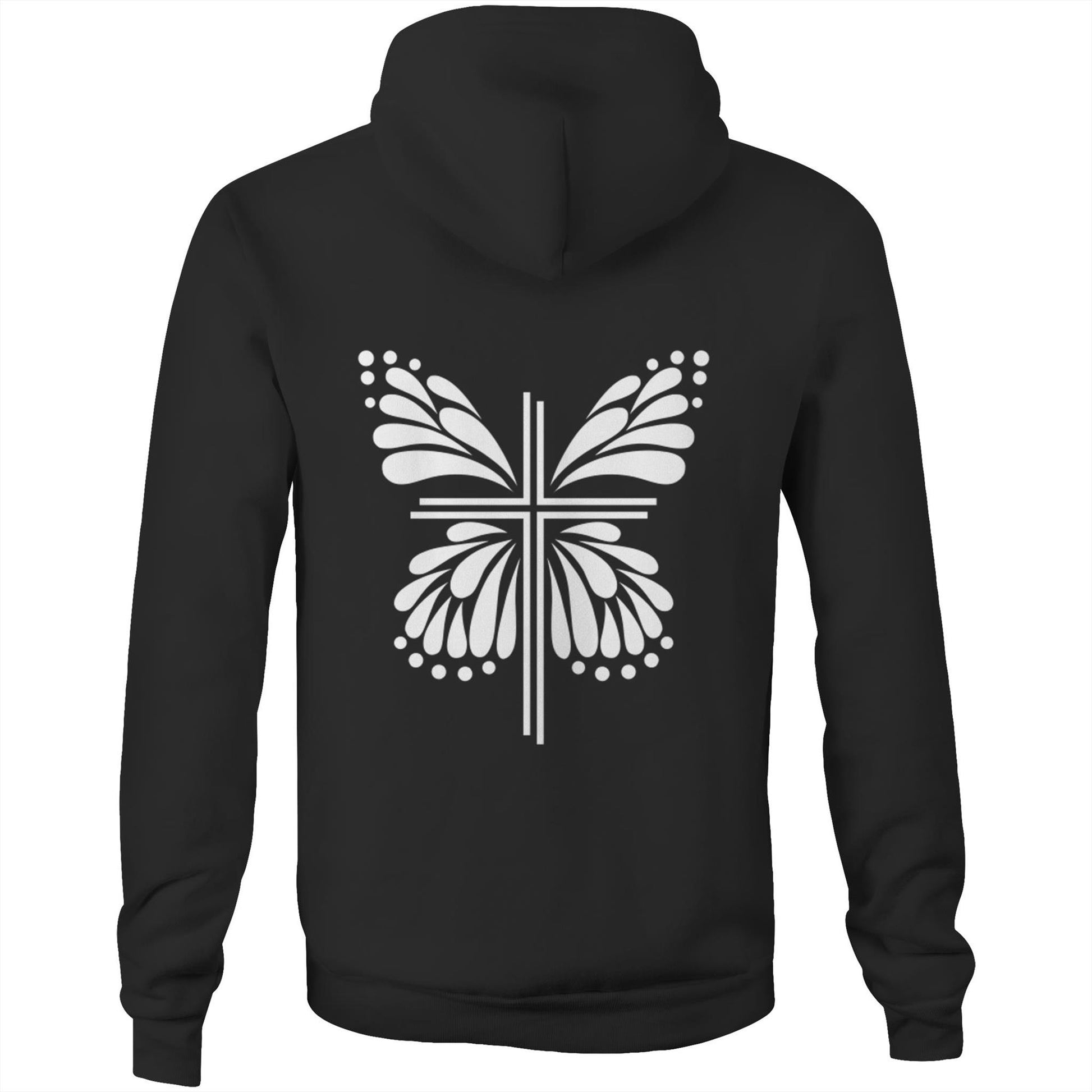 Black Hoodie, White graphic Sweater Hoodie. Graphic is of a cross with butterfly wings coming out of it.  Inspiration is from the bible; Therefore, if anyone is in Christ, he is a new creation. The old has passed away; behold, the new has come. 2 Corinthians 5:17 Christian Hooded Sweatshirt  by Christianitee via christianitee.com.au