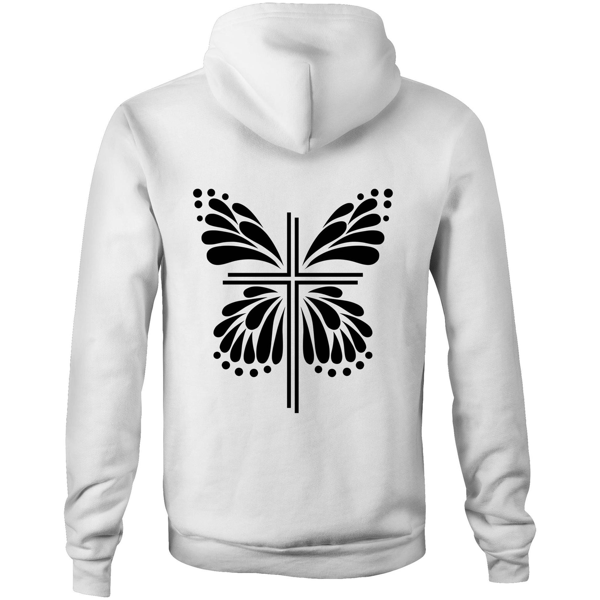 White hoodie, black graphic - Sweater Hoodie. Graphic is of a cross with butterfly wings coming out of it.  Inspiration is from the bible; Therefore, if anyone is in Christ, he is a new creation. The old has passed away; behold, the new has come. 2 Corinthians 5:17 Christian Hooded Sweatshirt  by Christianitee via christianitee.com.au