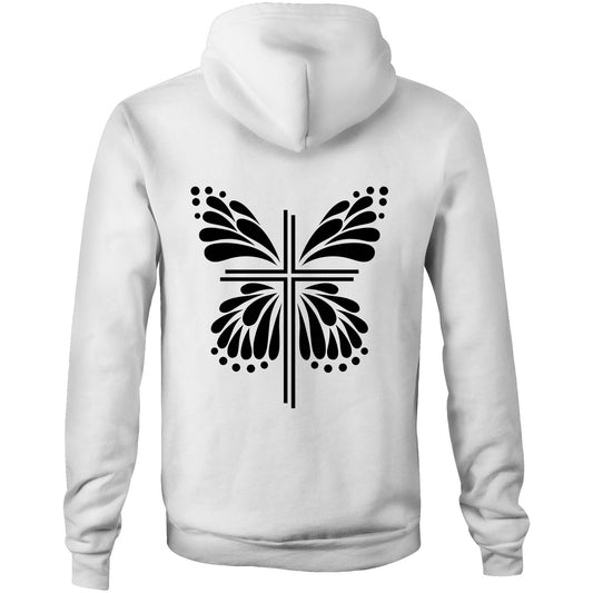 White hoodie, black graphic - Sweater Hoodie. Graphic is of a cross with butterfly wings coming out of it.  Inspiration is from the bible; Therefore, if anyone is in Christ, he is a new creation. The old has passed away; behold, the new has come. 2 Corinthians 5:17 Christian Hooded Sweatshirt  by Christianitee via christianitee.com.au