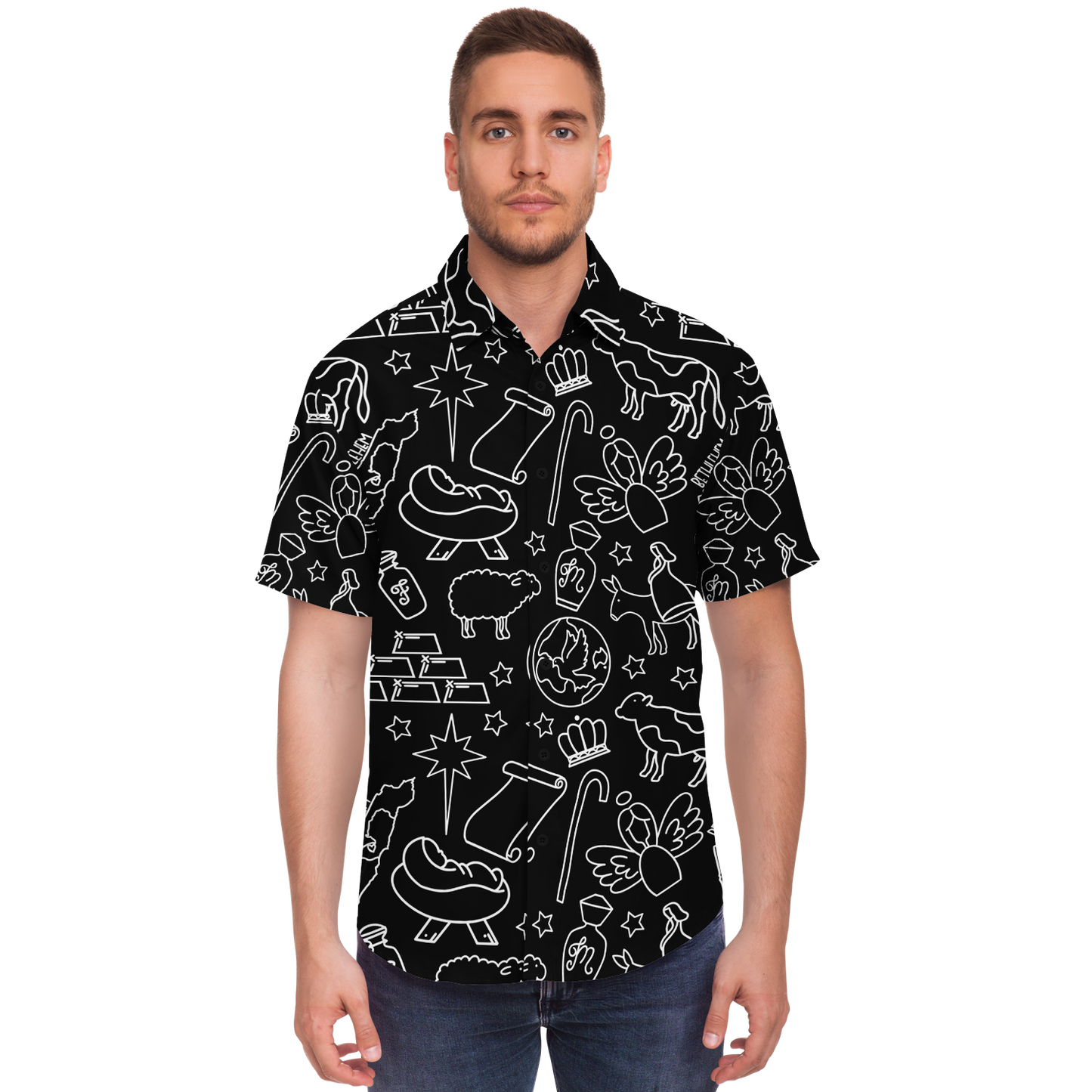 Christmas Nativity Sketch Short Sleeve Button Down Shirt - Black