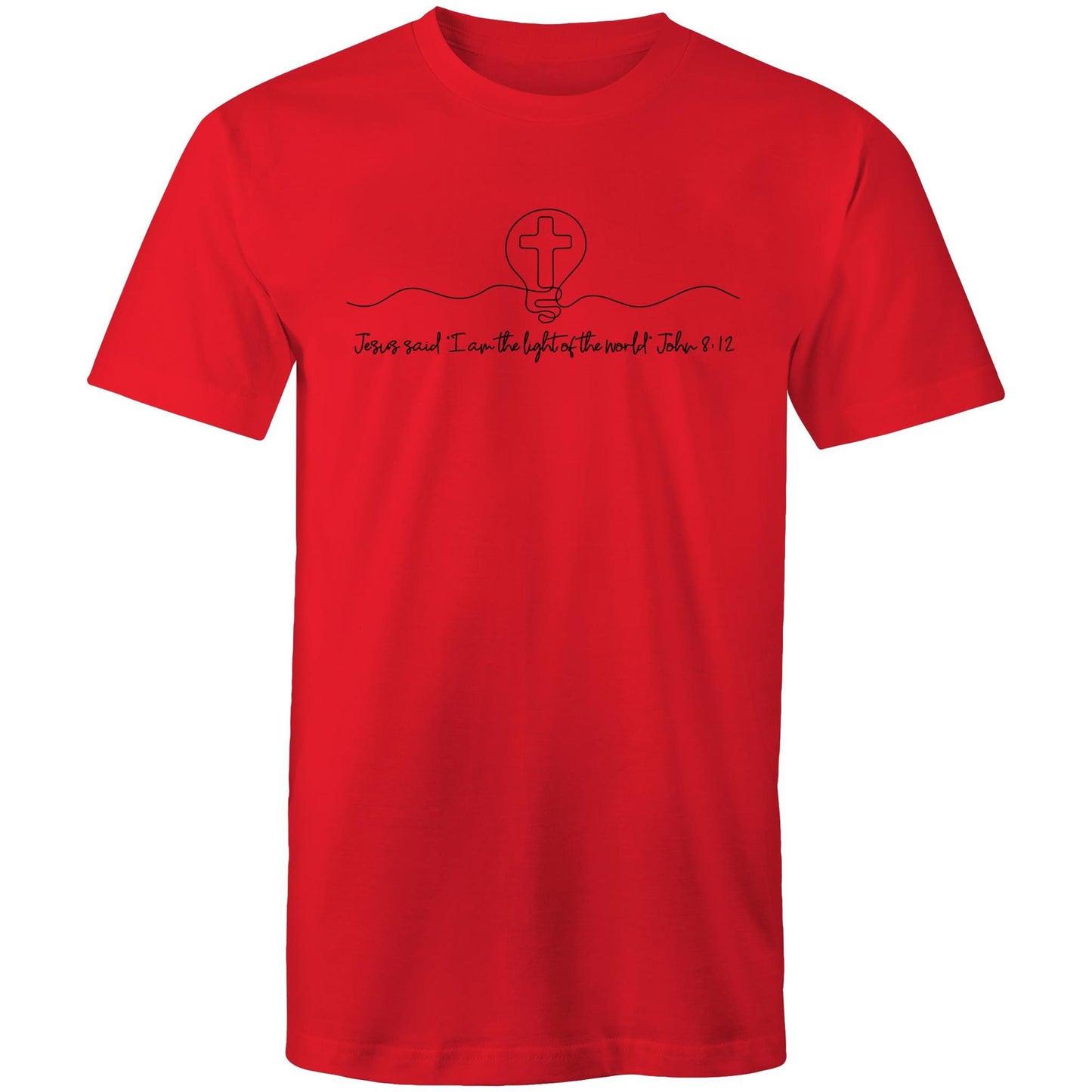 Christianitee original design. Christian T-Shirt with black text and graphic design. Text says "Jesus said I am the light of the world. John 8:12. The Graphic is a simple one line drawing of light globe with a cross inside.