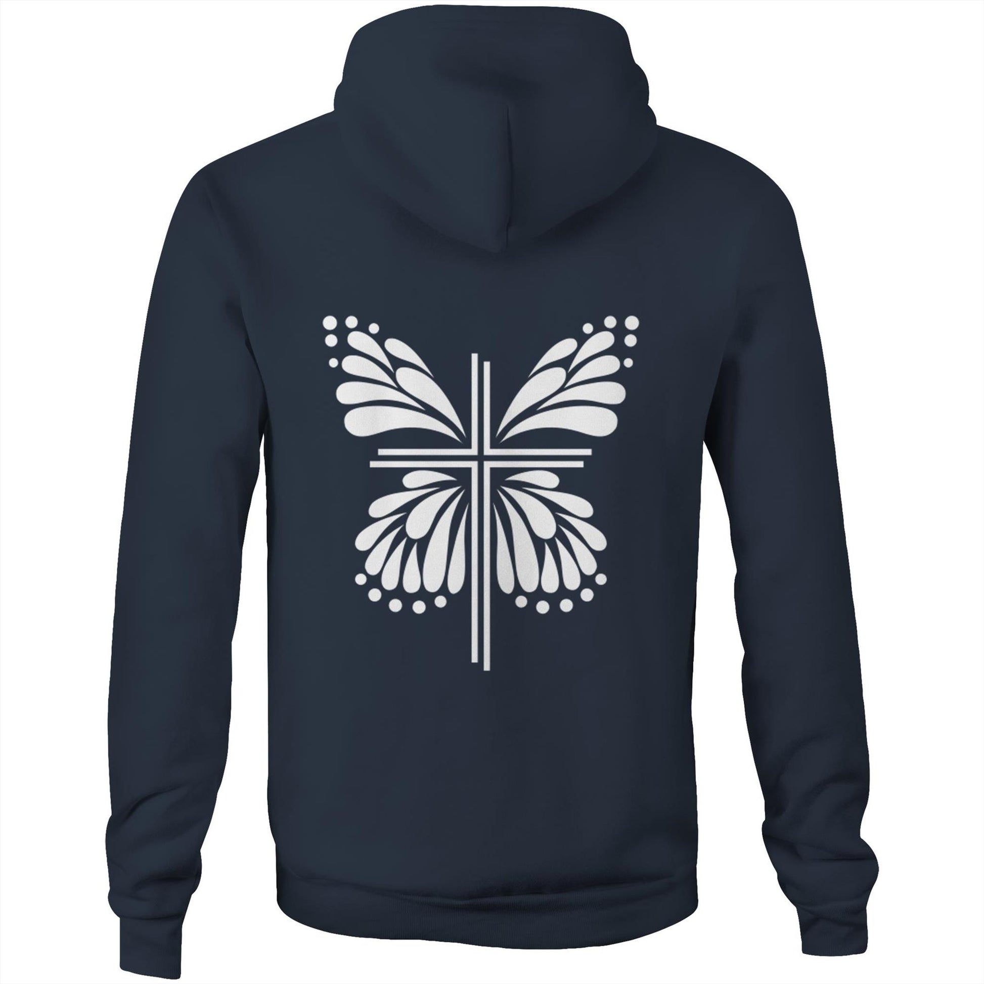 Navy Blue Hoodie with White graphic Sweater Hoodie. Graphic is of a cross with butterfly wings coming out of it.  Inspiration is from the bible; Therefore, if anyone is in Christ, he is a new creation. The old has passed away; behold, the new has come. 2 Corinthians 5:17 Christian Hooded Sweatshirt  by Christianitee via christianitee.com.au