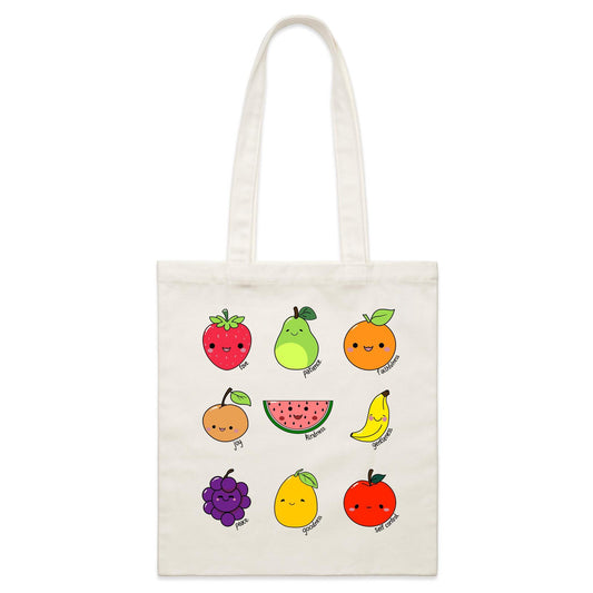 Christianitee Christian Biblical Scripture Cream Tote Bag with Kawaii Style Fruit and the writing Love, Joy, Peace, Patience, Kindness, Goodness, Faithfulness, Gentleness, Self Control