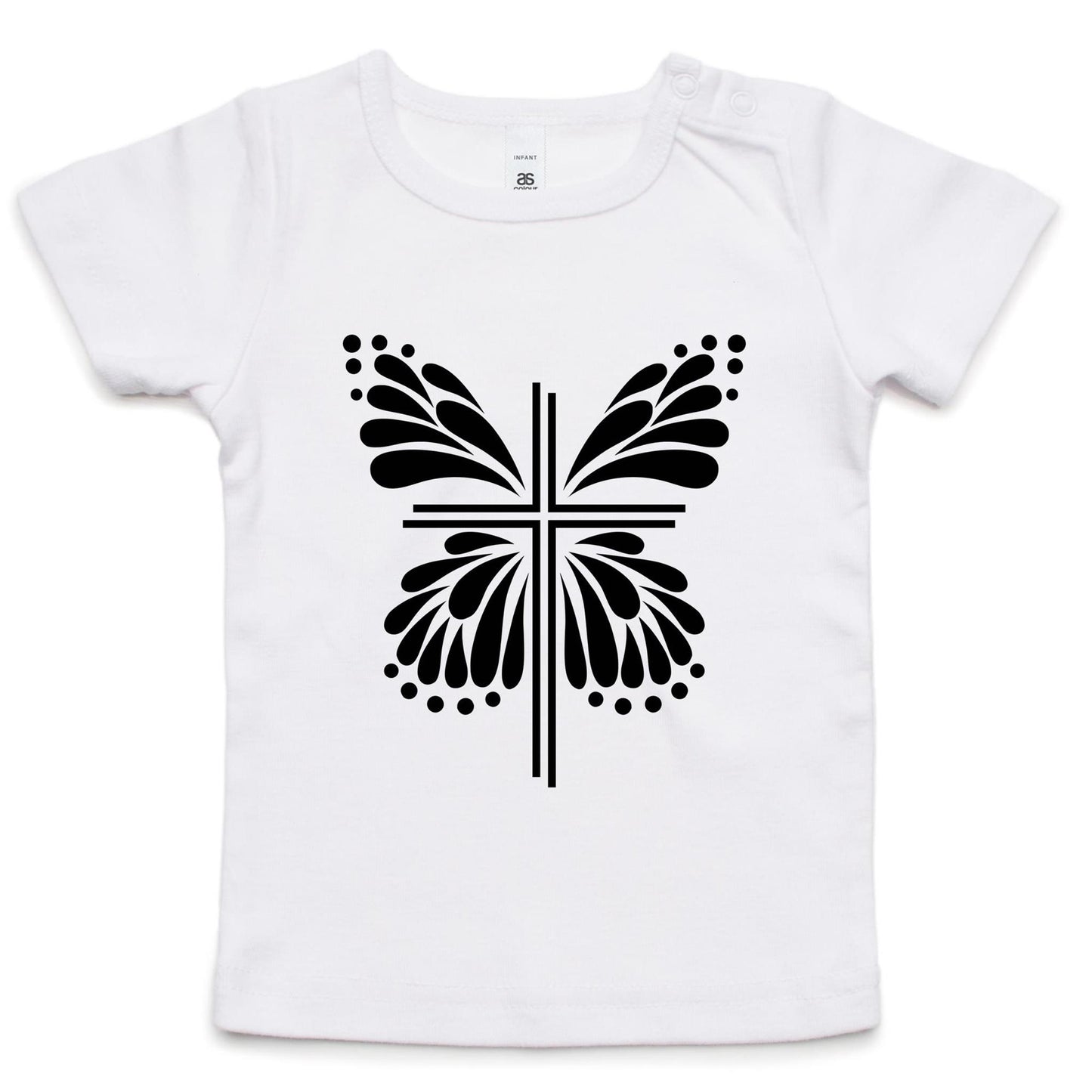 White T-Shirt with Black graphic. Graphic is of a cross with butterfly wings coming out of it.  Inspiration is from the bible; Therefore, if anyone is in Christ, he is a new creation. The old has passed away; behold, the new has come. 2 Corinthians 5:17