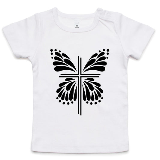 White T-Shirt with Black graphic. Graphic is of a cross with butterfly wings coming out of it.  Inspiration is from the bible; Therefore, if anyone is in Christ, he is a new creation. The old has passed away; behold, the new has come. 2 Corinthians 5:17