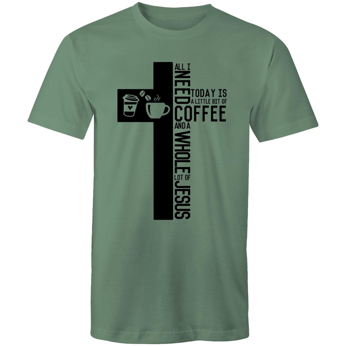 Christian T-Shirt by Christianitee a Biblical Scripture Focused T-Shirt Brand in Australia. Shirt is Green with a Cross & Coffee Graphic and saying all I need today is a little bit of coffee and a whole lot of Jesus.