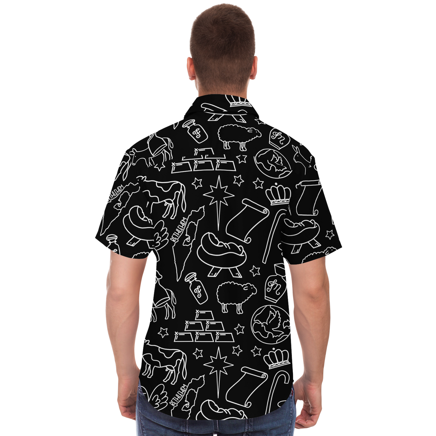 Christmas Nativity Sketch Short Sleeve Button Down Shirt - Black