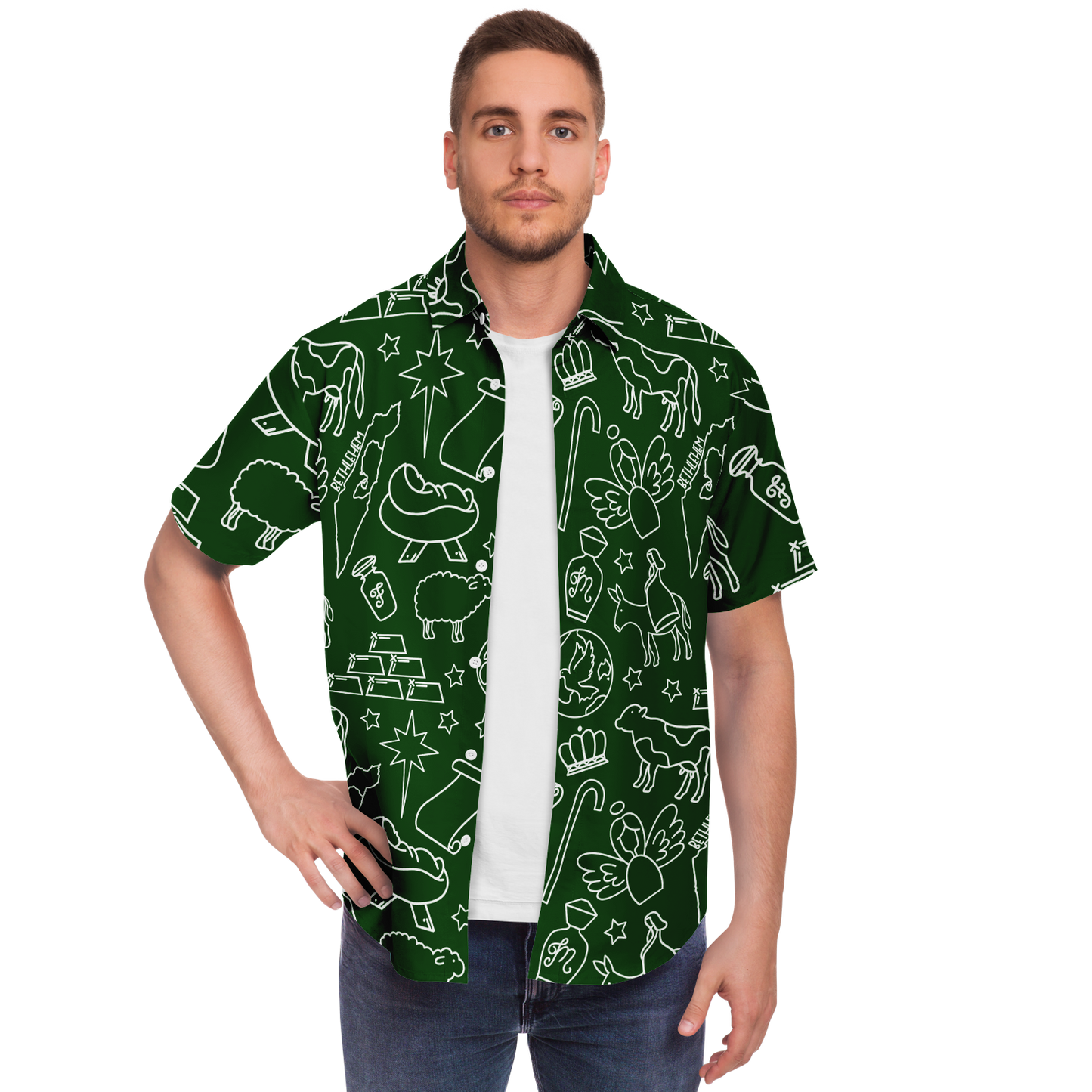 Christmas Nativity Sketch Short Sleeve Button Down Shirt - Green