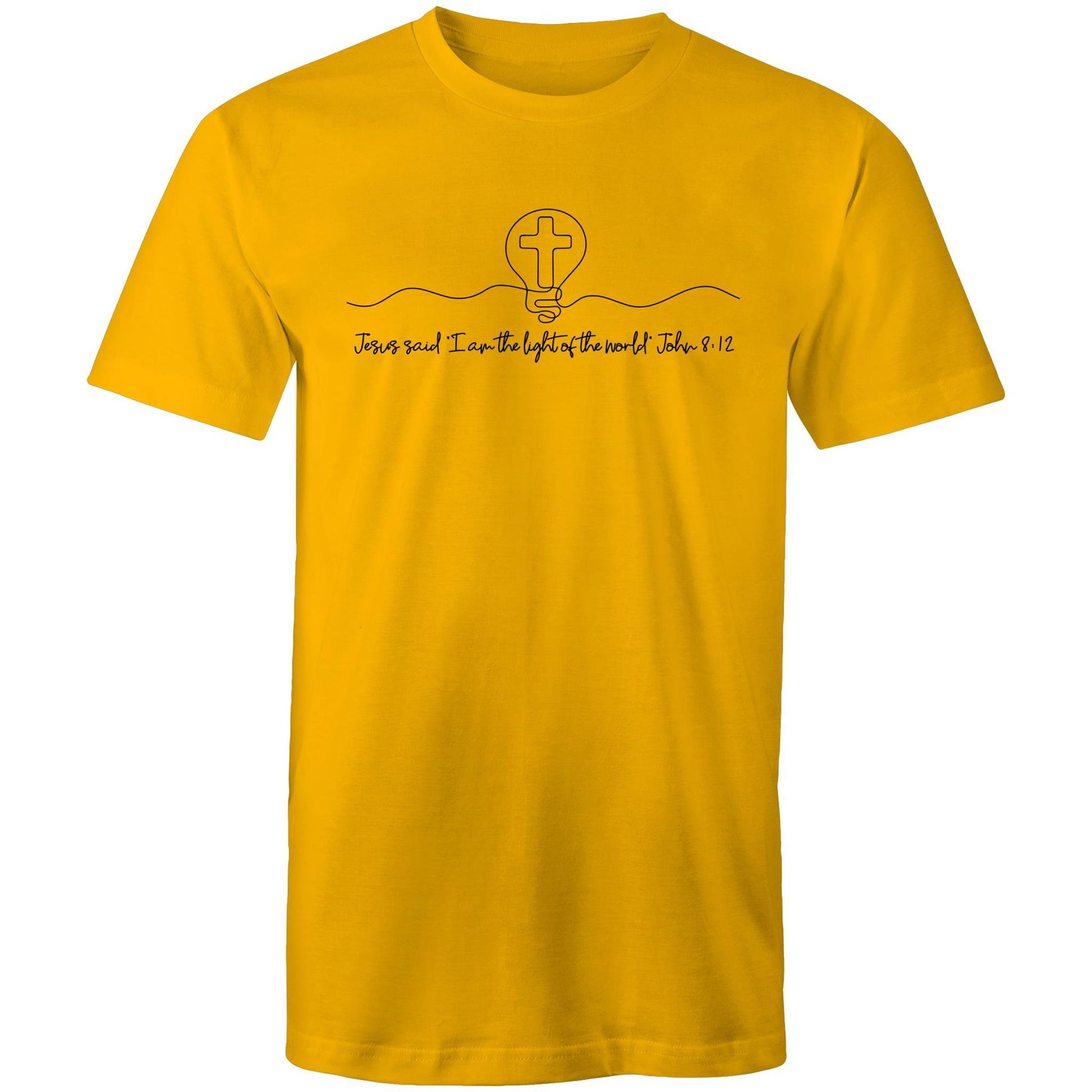 Christianitee original design. Christian T-Shirt in Yellow with black text and graphic design. Text says "Jesus said I am the light of the world. John 8:12. The Graphic is a simple one line drawing of light globe with a cross inside.