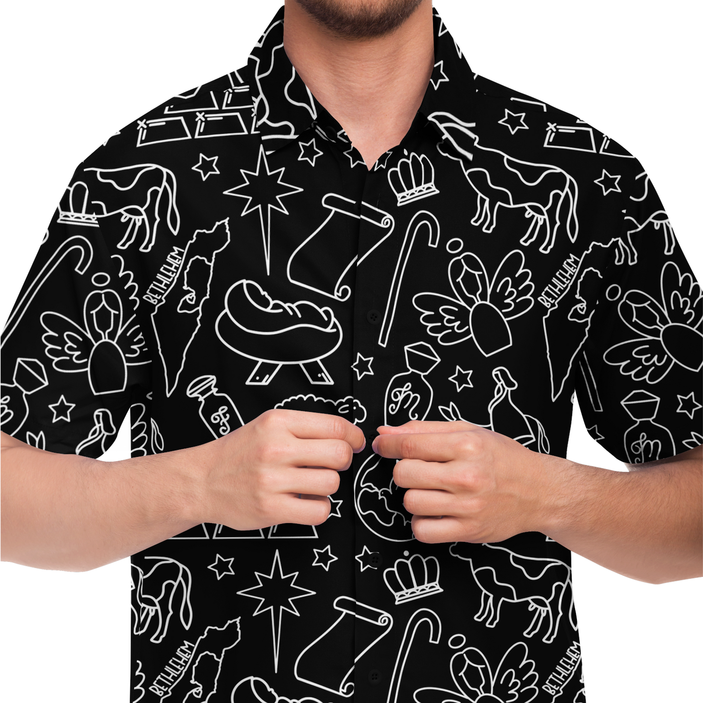 Christmas Nativity Sketch Short Sleeve Button Down Shirt - Black