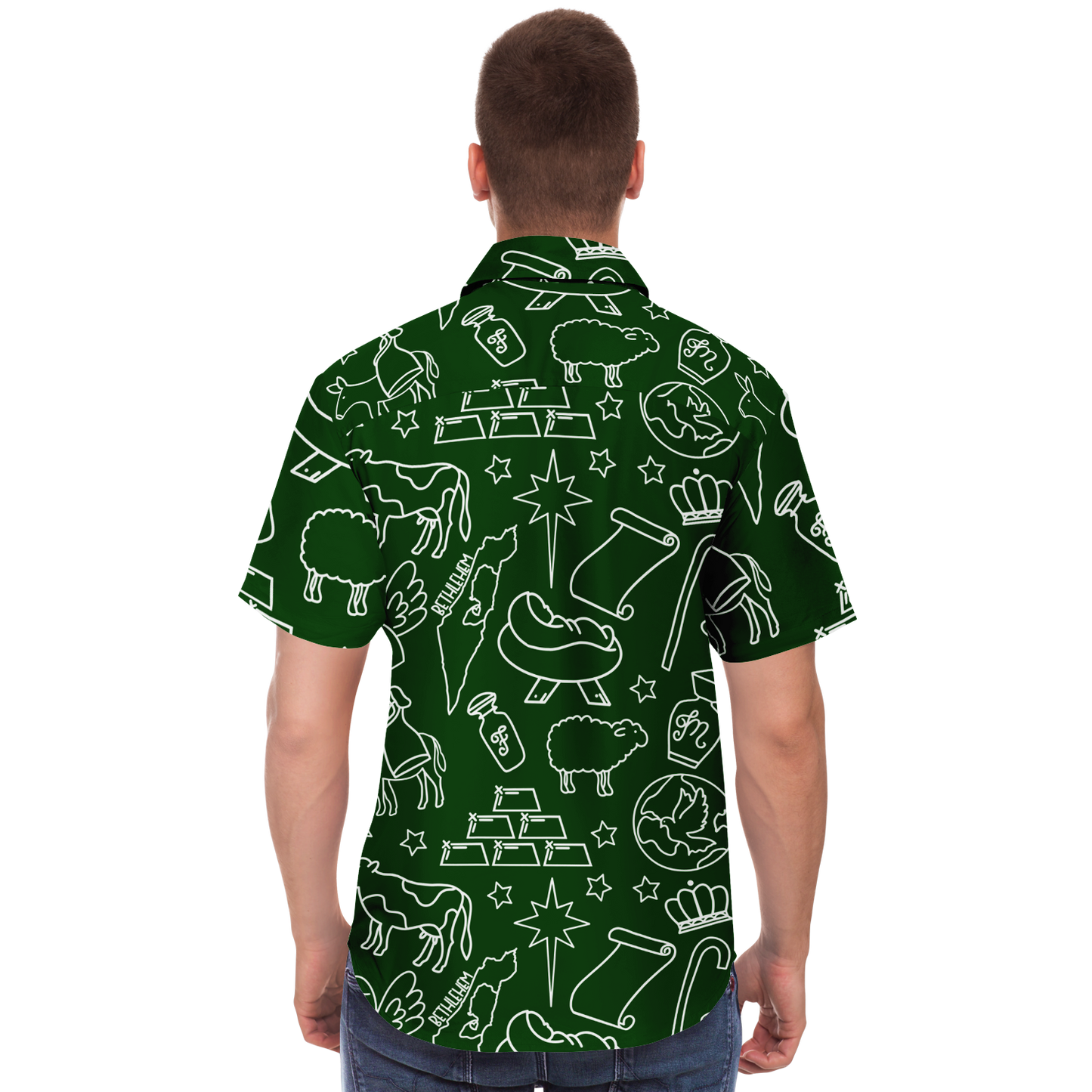 Christmas Nativity Sketch Short Sleeve Button Down Shirt - Green