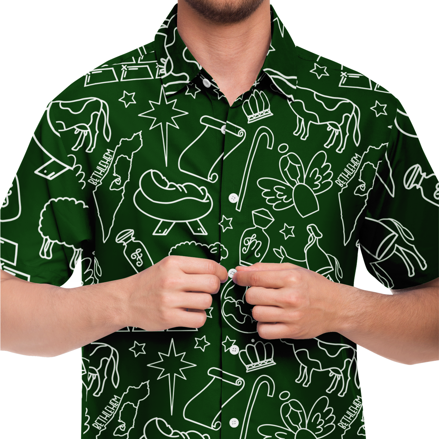 Christmas Nativity Sketch Short Sleeve Button Down Shirt - Green