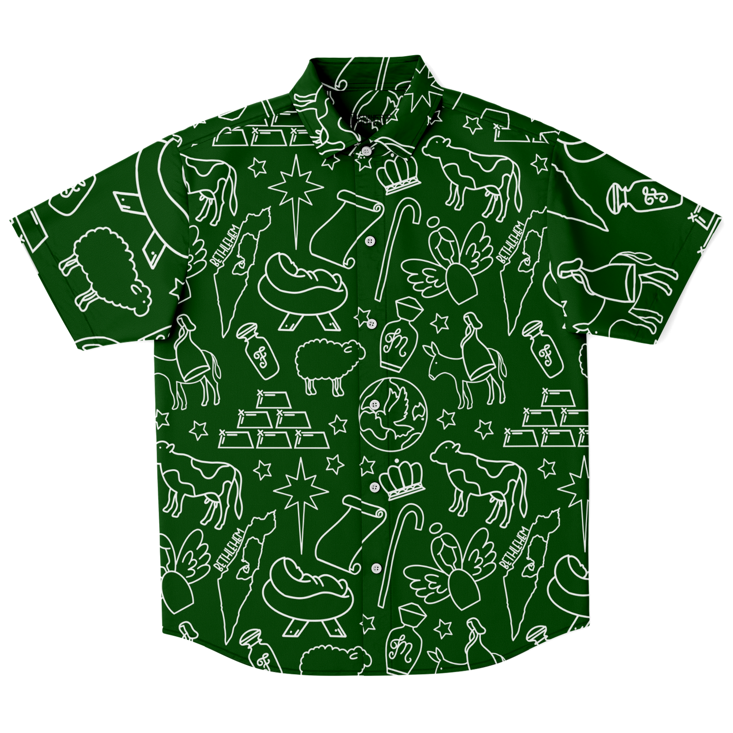 Christmas Nativity Sketch Short Sleeve Button Down Shirt - Green