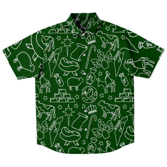 Christmas Nativity Sketch Short Sleeve Button Down Shirt - Green