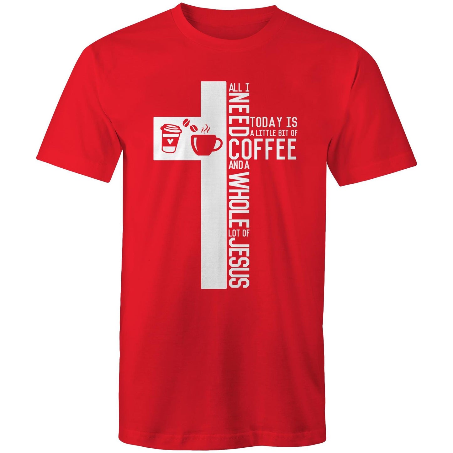 Christian T-Shirt by Christianitee a Biblical Scripture Focused T-Shirt Brand in Australia. Shirt is Red with a Cross & Coffee Graphic and saying all I need today is a little bit of coffee and a whole lot of Jesus.