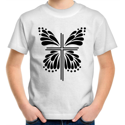 White T-shirt with Black graphic. Graphic is of a cross with butterfly wings coming out of it.  Inspiration is from the bible; Therefore, if anyone is in Christ, he is a new creation. The old has passed away; behold, the new has come. 2 Corinthians 5:17