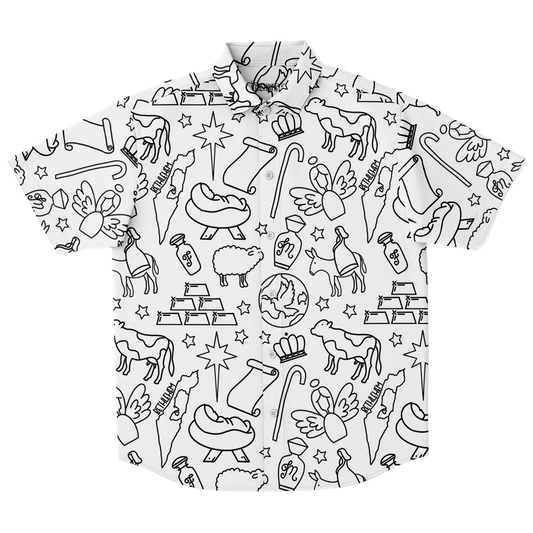 Christmas Nativity Sketch Short Sleeve Button Down Shirt - White