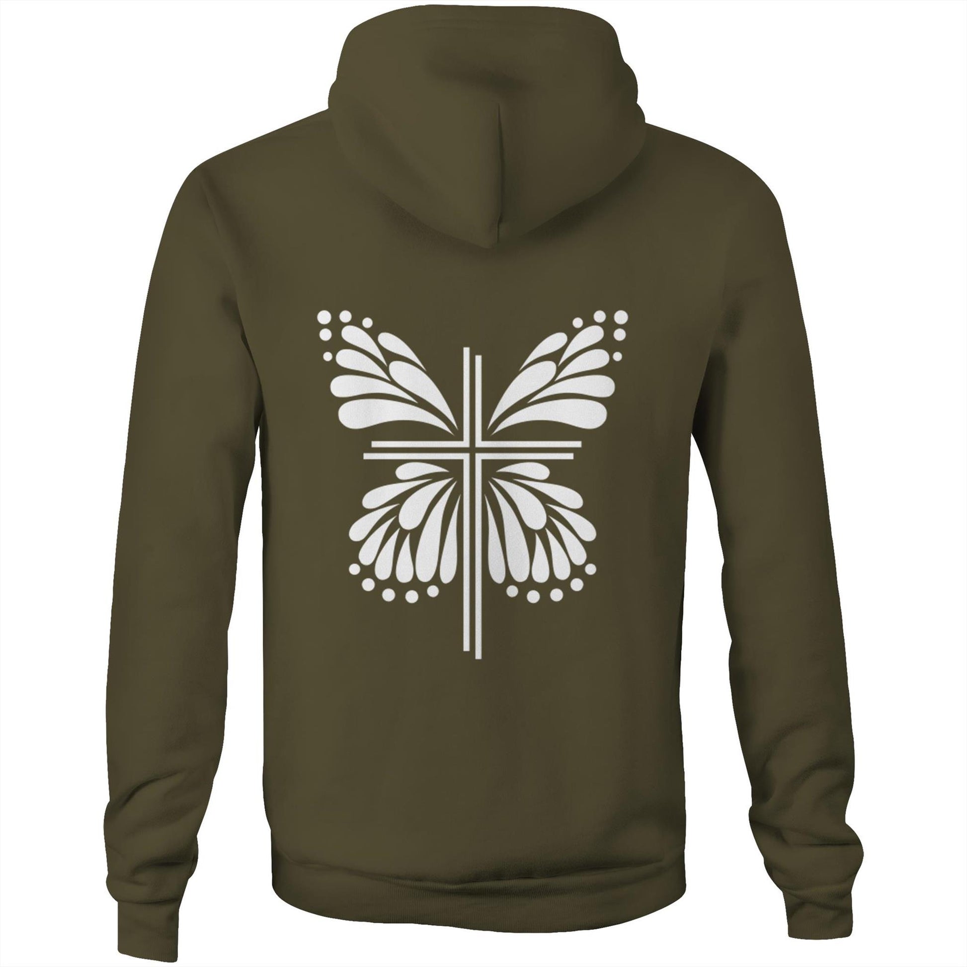 Army Green Khaki Hoodie with White graphic Sweater Hoodie. Graphic is of a cross with butterfly wings coming out of it.  Inspiration is from the bible; Therefore, if anyone is in Christ, he is a new creation. The old has passed away; behold, the new has come. 2 Corinthians 5:17 Christian Hooded Sweatshirt  by Christianitee via christianitee.com.au 